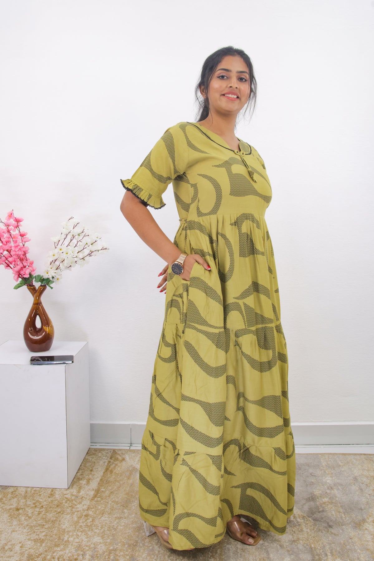 Mangai 3 Layer Frock Model Nighties Soft and Smooth Premium Quality Rayon Material , Fancy Frilled Sleeve, Side Pocket , Back tie Rope , Stylish Collection's for Trendy Women's (MRK)