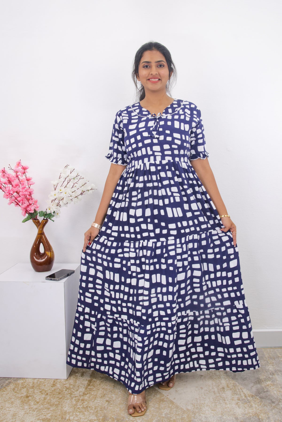 Mangai 3 Layer Frock Model Nighties Soft and Smooth Premium Quality Rayon Material , Fancy Frilled Sleeve, Side Pocket , Back tie Rope , Stylish Collection's for Trendy Women's (MRK)