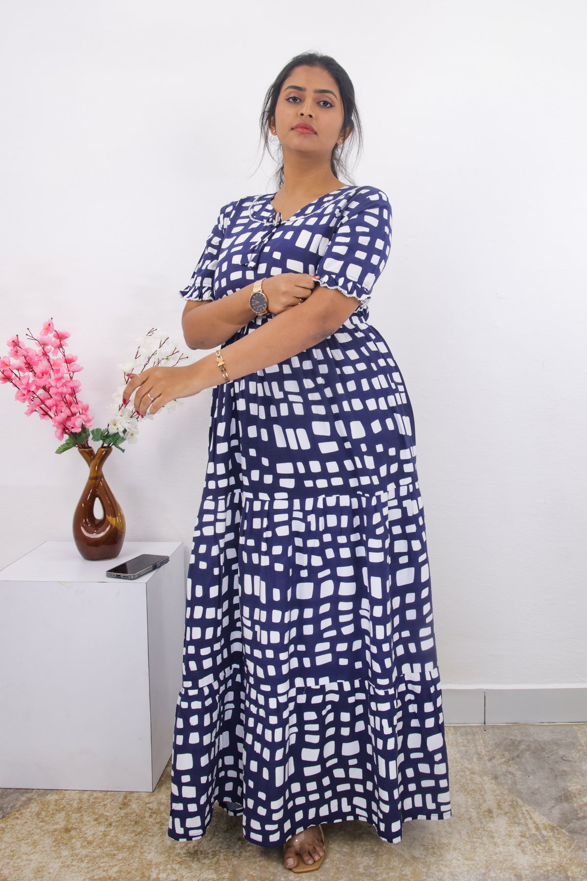 Mangai 3 Layer Frock Model Nighties Soft and Smooth Premium Quality Rayon Material , Fancy Frilled Sleeve, Side Pocket , Back tie Rope , Stylish Collection's for Trendy Women's (MRK)