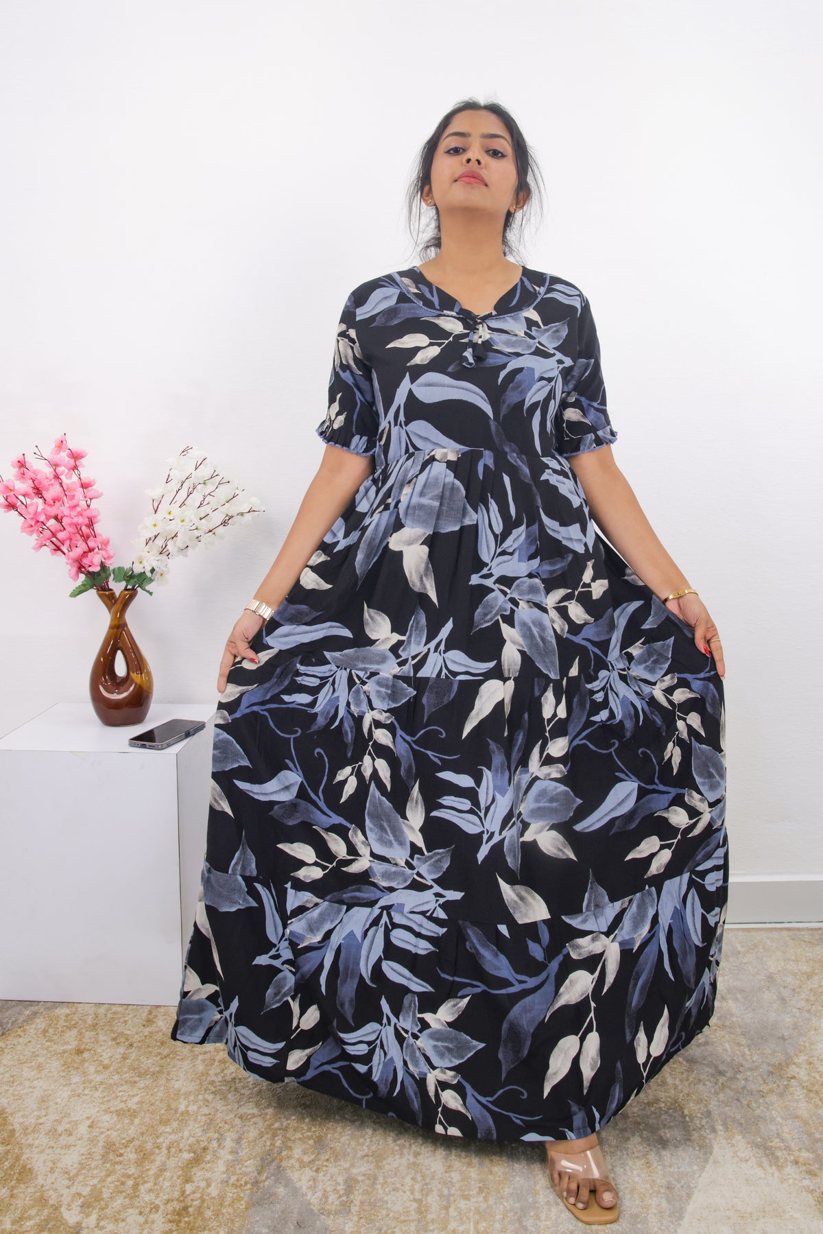 Mangai 3 Layer Frock Model Nighties Soft and Smooth Premium Quality Rayon Material , Fancy Frilled Sleeve, Side Pocket , Back tie Rope , Stylish Collection's for Trendy Women's (MRK)