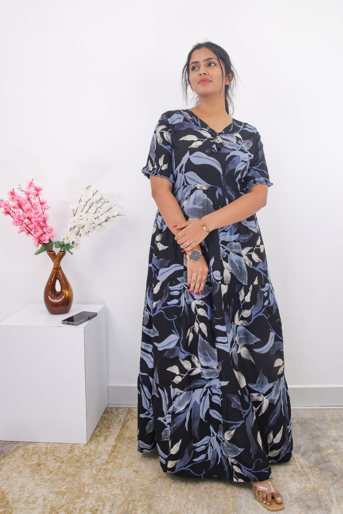 Mangai 3 Layer Frock Model Nighties Soft and Smooth Premium Quality Rayon Material , Fancy Frilled Sleeve, Side Pocket , Back tie Rope , Stylish Collection's for Trendy Women's (MRK)