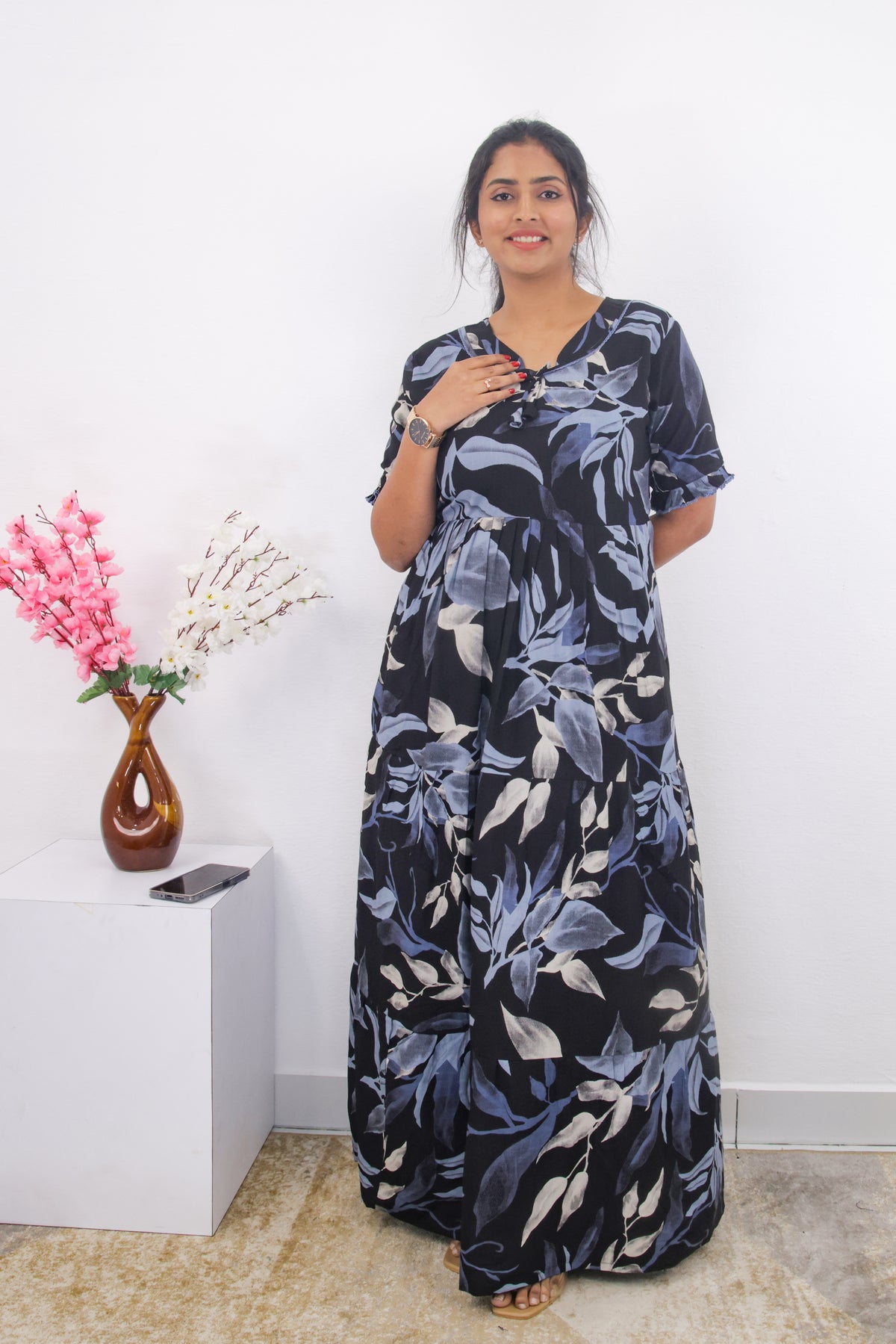 Mangai 3 Layer Frock Model Nighties Soft and Smooth Premium Quality Rayon Material , Fancy Frilled Sleeve, Side Pocket , Back tie Rope , Stylish Collection's for Trendy Women's (MRK)