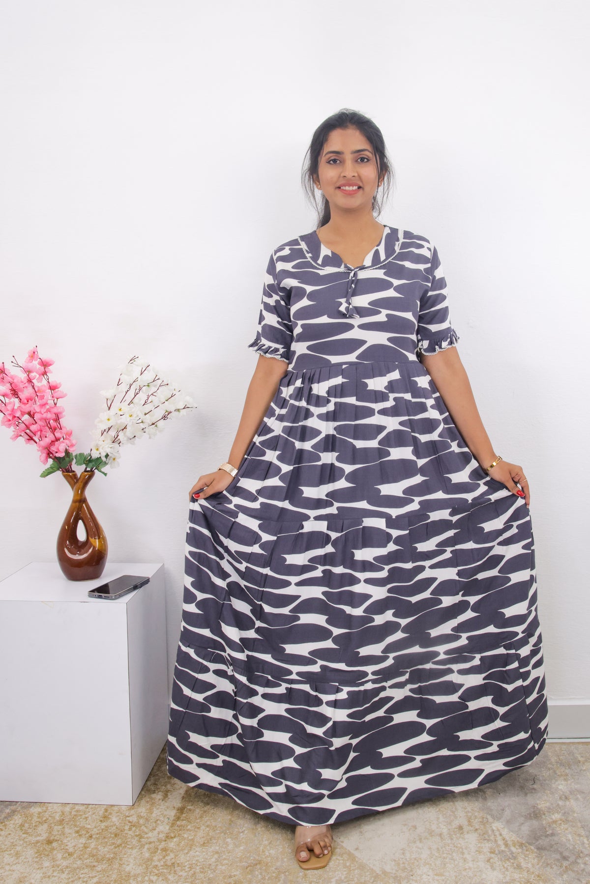 Mangai 3 Layer Frock Model Nighties Soft and Smooth Premium Quality Rayon Material , Fancy Frilled Sleeve, Side Pocket , Back tie Rope , Stylish Collection's for Trendy Women's (MRK)