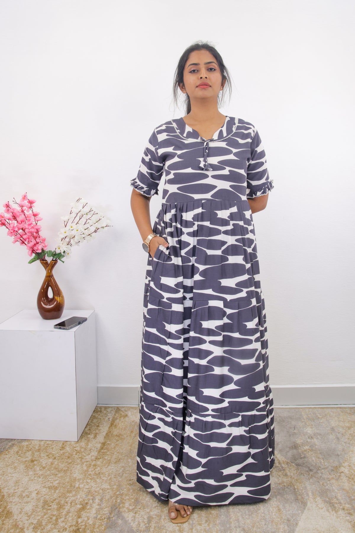 Mangai 3 Layer Frock Model Nighties Soft and Smooth Premium Quality Rayon Material , Fancy Frilled Sleeve, Side Pocket , Back tie Rope , Stylish Collection's for Trendy Women's (MRK)