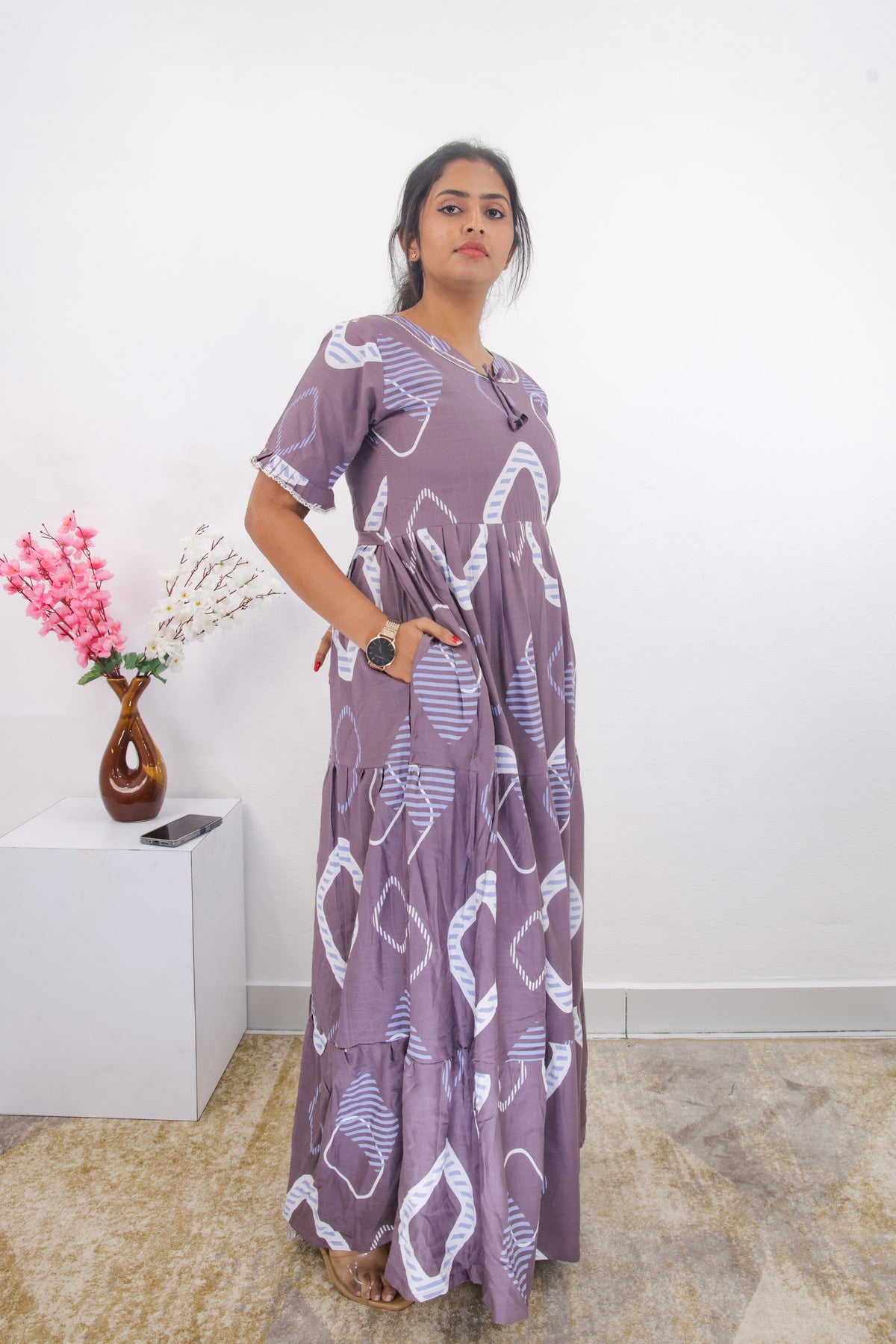 Mangai 3 Layer Frock Model Nighties Soft and Smooth Premium Quality Rayon Material , Fancy Frilled Sleeve, Side Pocket , Back tie Rope , Stylish Collection's for Trendy Women's (MRK)