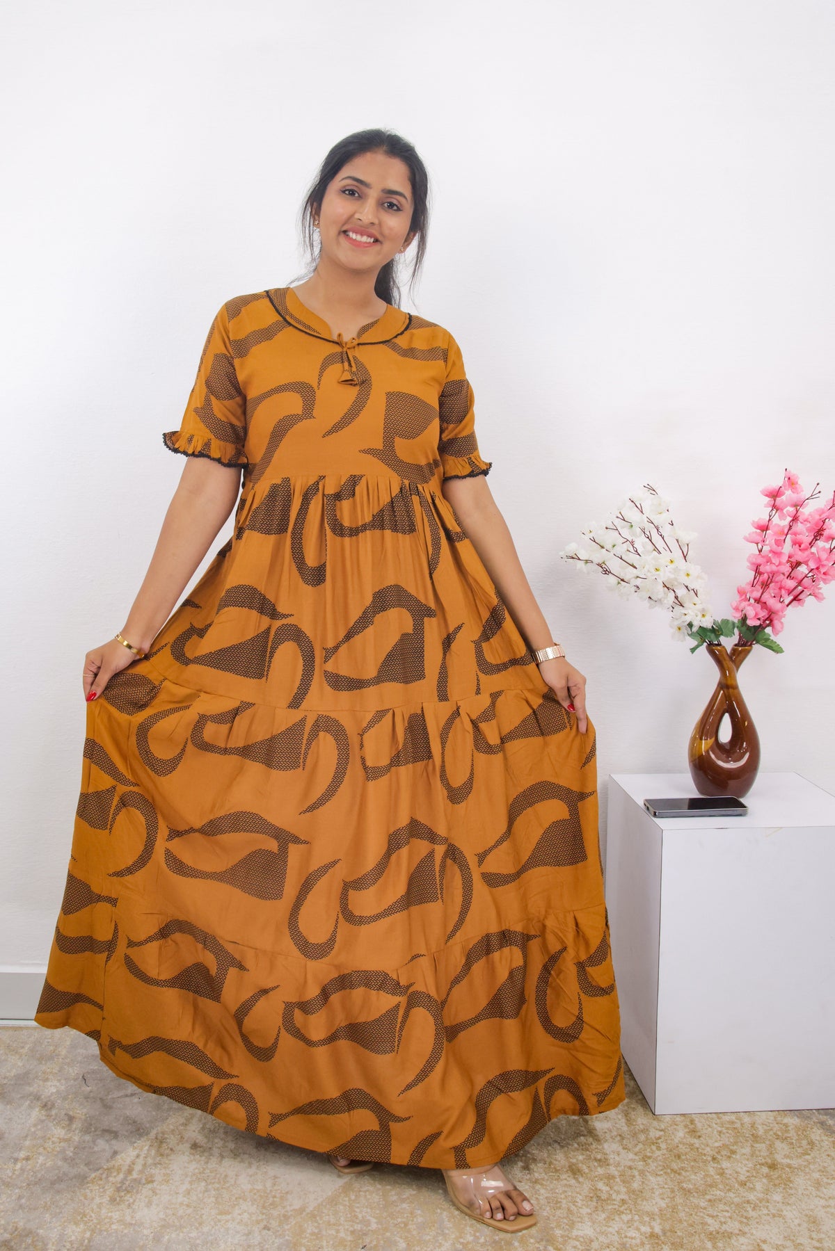 Mangai 3 Layer Frock Model Nighties Soft and Smooth Premium Quality Rayon Material , Fancy Frilled Sleeve, Side Pocket , Back tie Rope , Stylish Collection's for Trendy Women's (MRK)