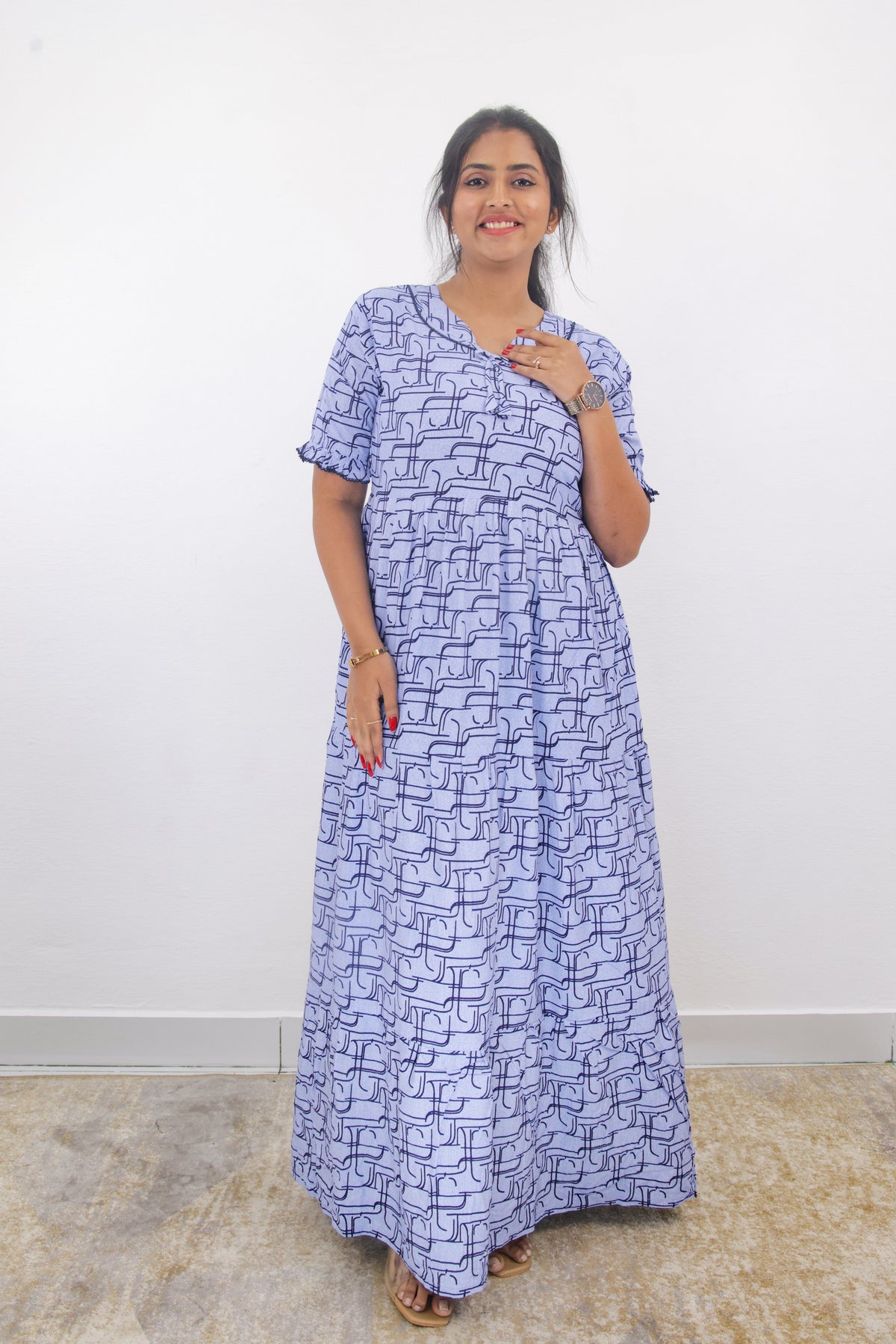 Mangai 3 Layer Frock Model Nighties Soft and Smooth Premium Quality Rayon Material , Fancy Frilled Sleeve, Side Pocket , Back tie Rope , Stylish Collection's for Trendy Women's (MRK)