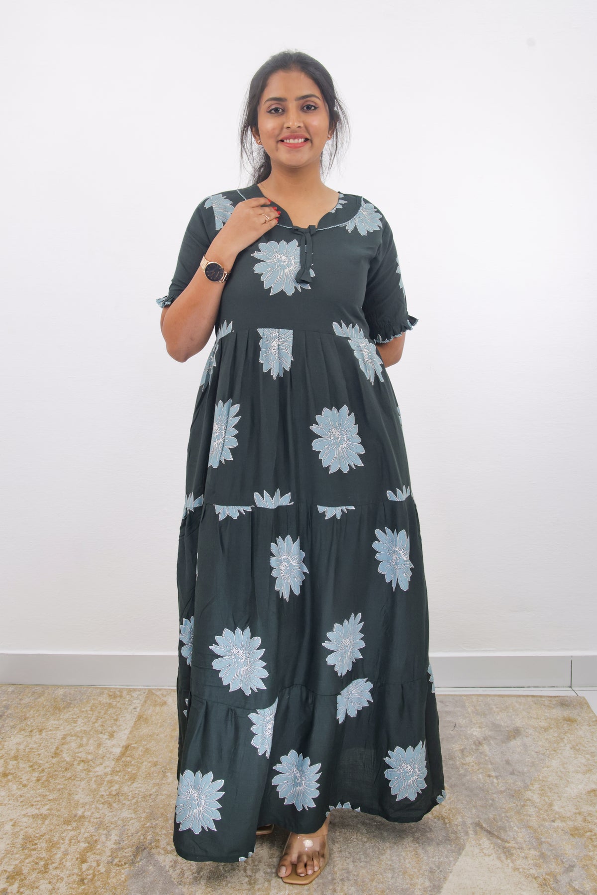 Mangai 3 Layer Frock Model Nighties Soft and Smooth Premium Quality Rayon Material , Fancy Frilled Sleeve, Side Pocket , Back tie Rope , Stylish Collection's for Trendy Women's (MRK)