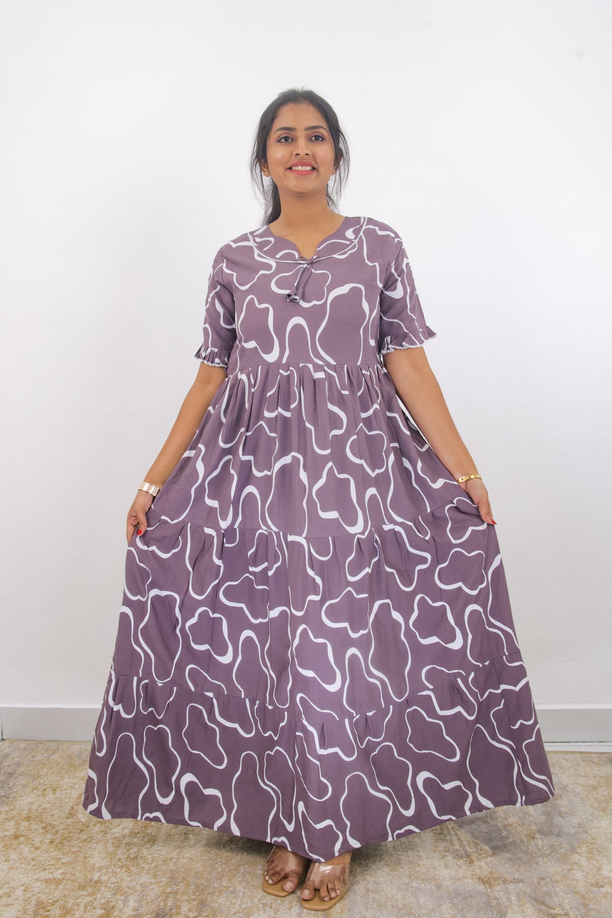 Mangai 3 Layer Frock Model Nighties Soft and Smooth Premium Quality Rayon Material , Fancy Frilled Sleeve, Side Pocket , Back tie Rope , Stylish Collection's for Trendy Women's (MRK)