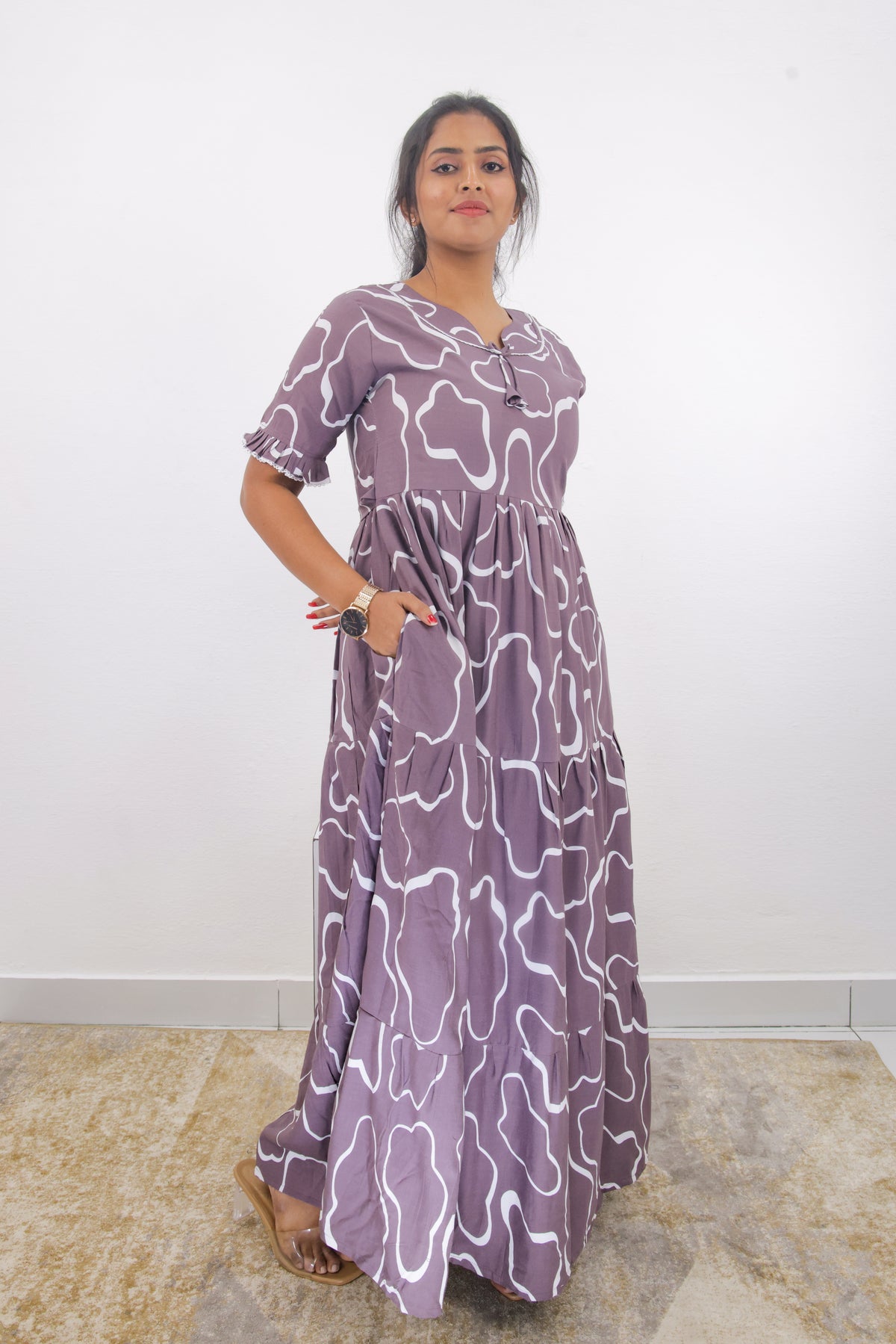 Mangai 3 Layer Frock Model Nighties Soft and Smooth Premium Quality Rayon Material , Fancy Frilled Sleeve, Side Pocket , Back tie Rope , Stylish Collection's for Trendy Women's (MRK)