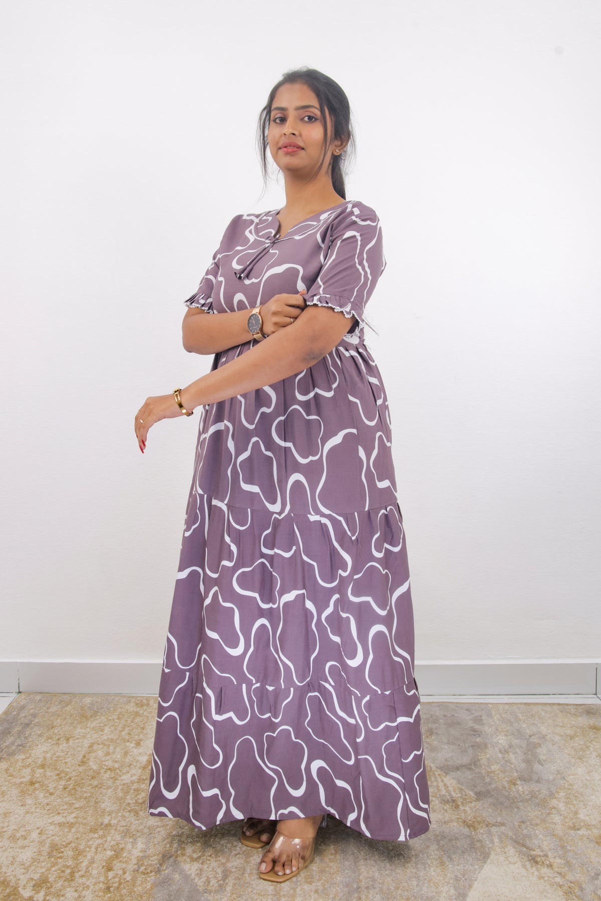 Mangai 3 Layer Frock Model Nighties Soft and Smooth Premium Quality Rayon Material , Fancy Frilled Sleeve, Side Pocket , Back tie Rope , Stylish Collection's for Trendy Women's (MRK)