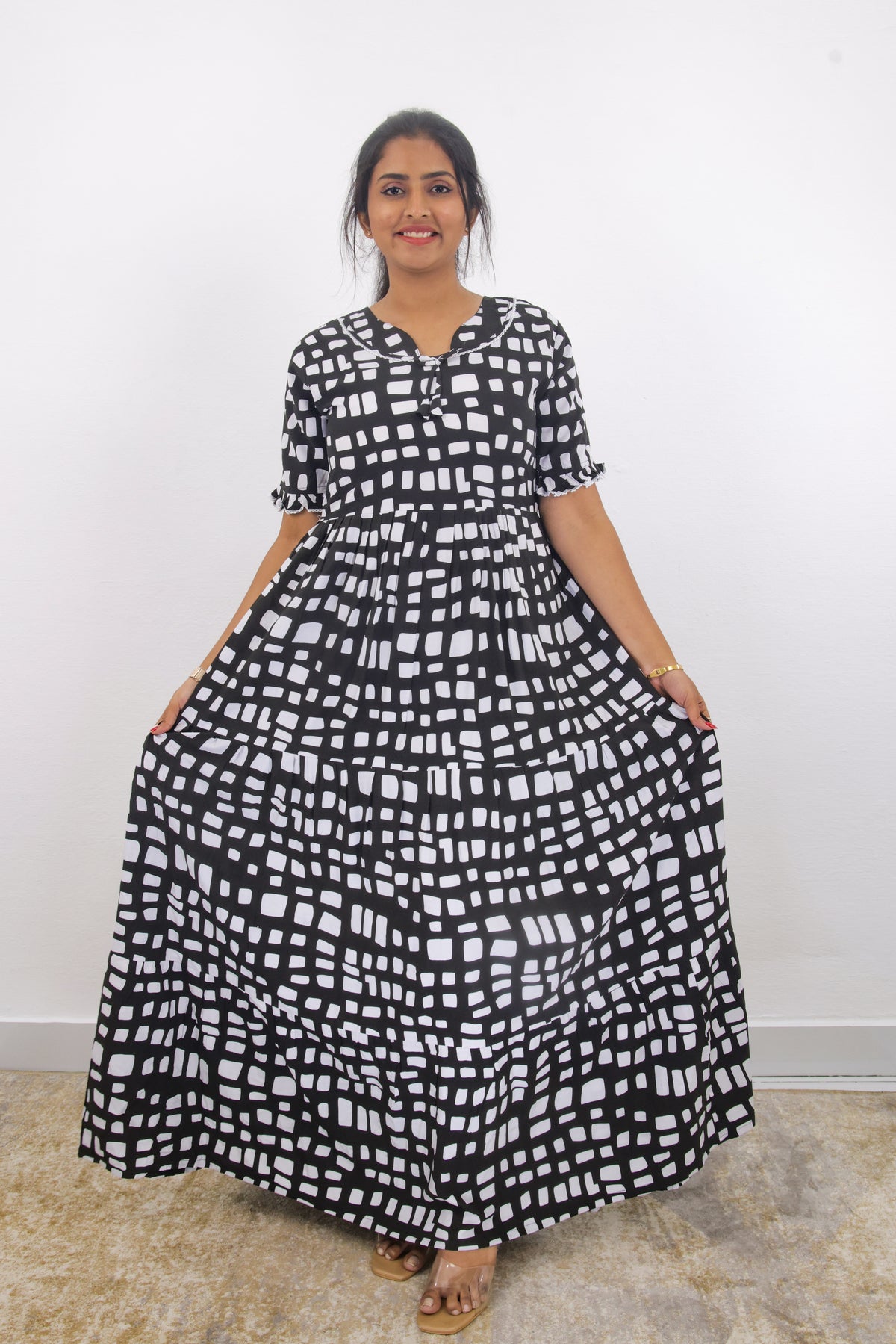 Mangai 3 Layer Frock Model Nighties Soft and Smooth Premium Quality Rayon Material , Fancy Frilled Sleeve, Side Pocket , Back tie Rope , Stylish Collection's for Trendy Women's (MRK)