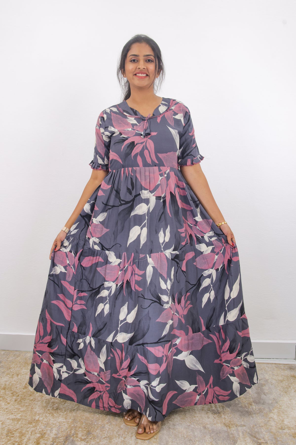 Mangai 3 Layer Frock Model Nighties Soft and Smooth Premium Quality Rayon Material , Fancy Frilled Sleeve, Side Pocket , Back tie Rope , Stylish Collection's for Trendy Women's (MRK)