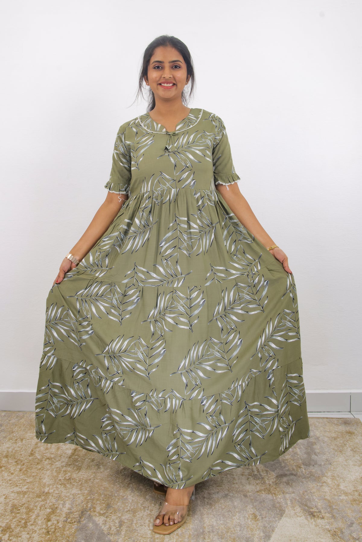 Mangai 3 Layer Frock Model Nighties Soft and Smooth Premium Quality Rayon Material , Fancy Frilled Sleeve, Side Pocket , Back tie Rope , Stylish Collection's for Trendy Women's (MRK)