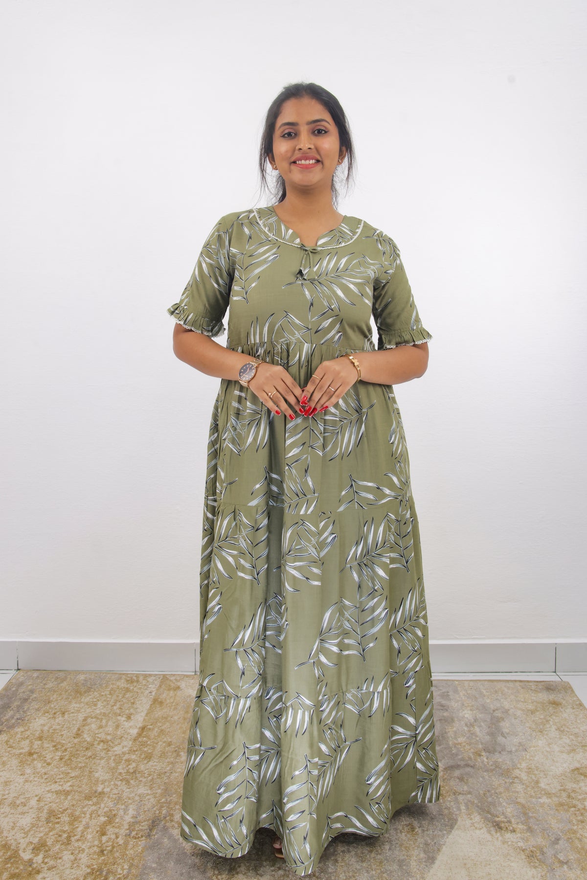 Mangai 3 Layer Frock Model Nighties Soft and Smooth Premium Quality Rayon Material , Fancy Frilled Sleeve, Side Pocket , Back tie Rope , Stylish Collection's for Trendy Women's (MRK)