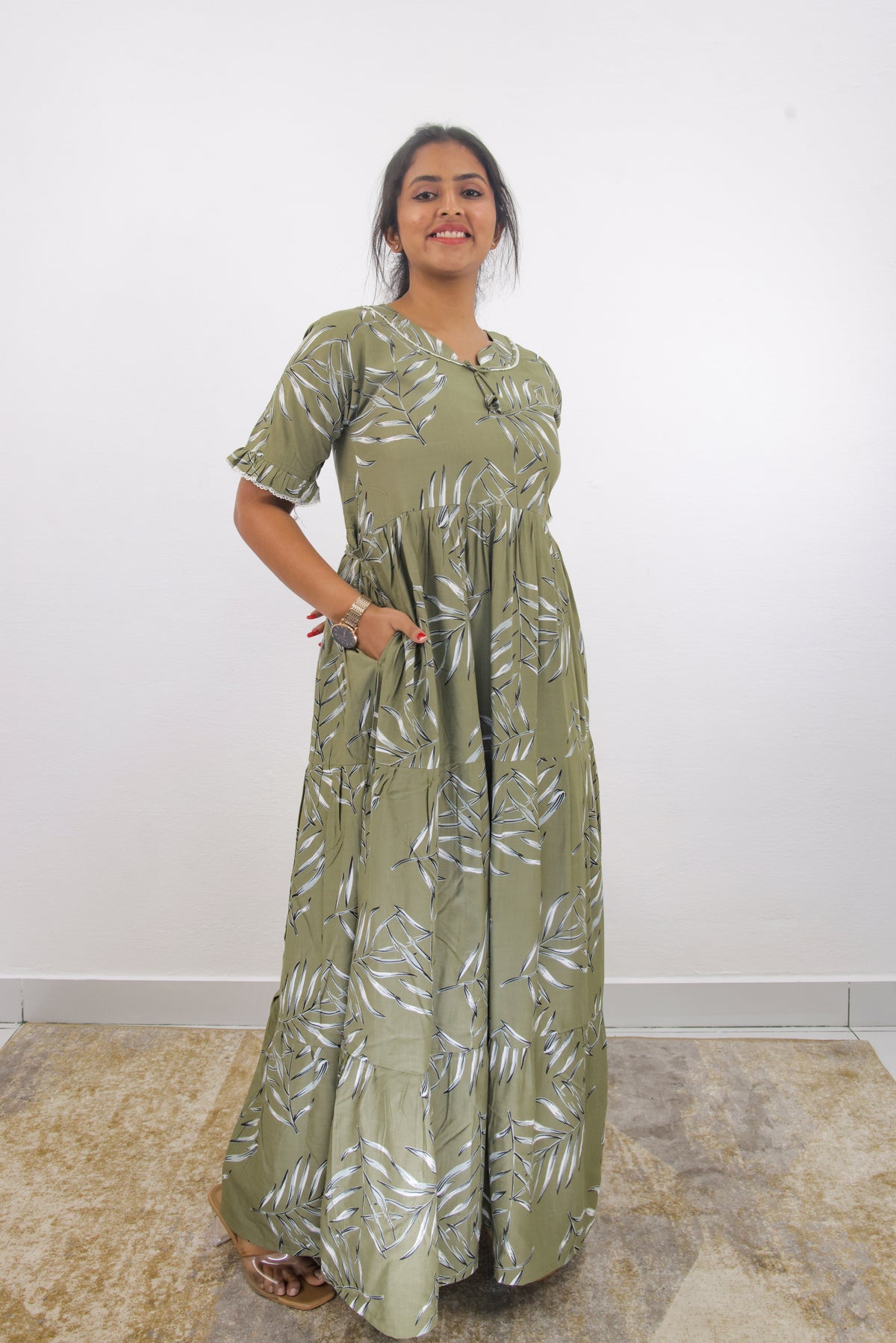 Mangai 3 Layer Frock Model Nighties Soft and Smooth Premium Quality Rayon Material , Fancy Frilled Sleeve, Side Pocket , Back tie Rope , Stylish Collection's for Trendy Women's (MRK)