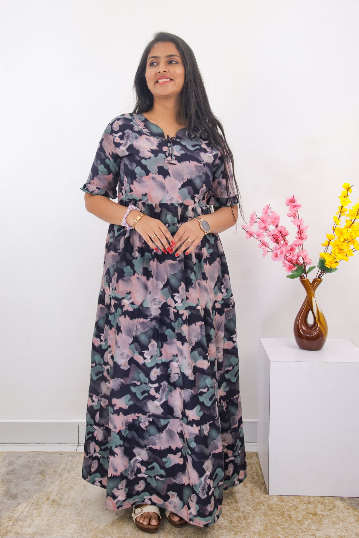 Mangai 3 Layer Frock Model Nighties Soft and Smooth Premium Quality Rayon Material , Fancy Frilled Sleeve, Side Pocket , Back tie Rope , Stylish Collection's for Trendy Women's (MRK)