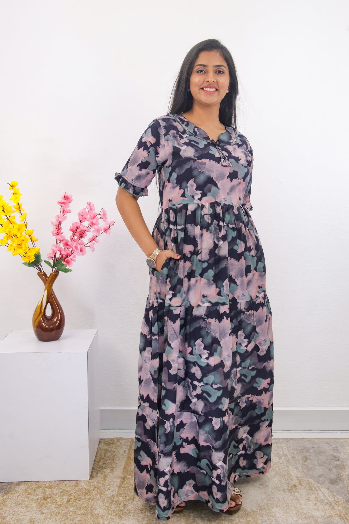 Mangai 3 Layer Frock Model Nighties Soft and Smooth Premium Quality Rayon Material , Fancy Frilled Sleeve, Side Pocket , Back tie Rope , Stylish Collection's for Trendy Women's (MRK)