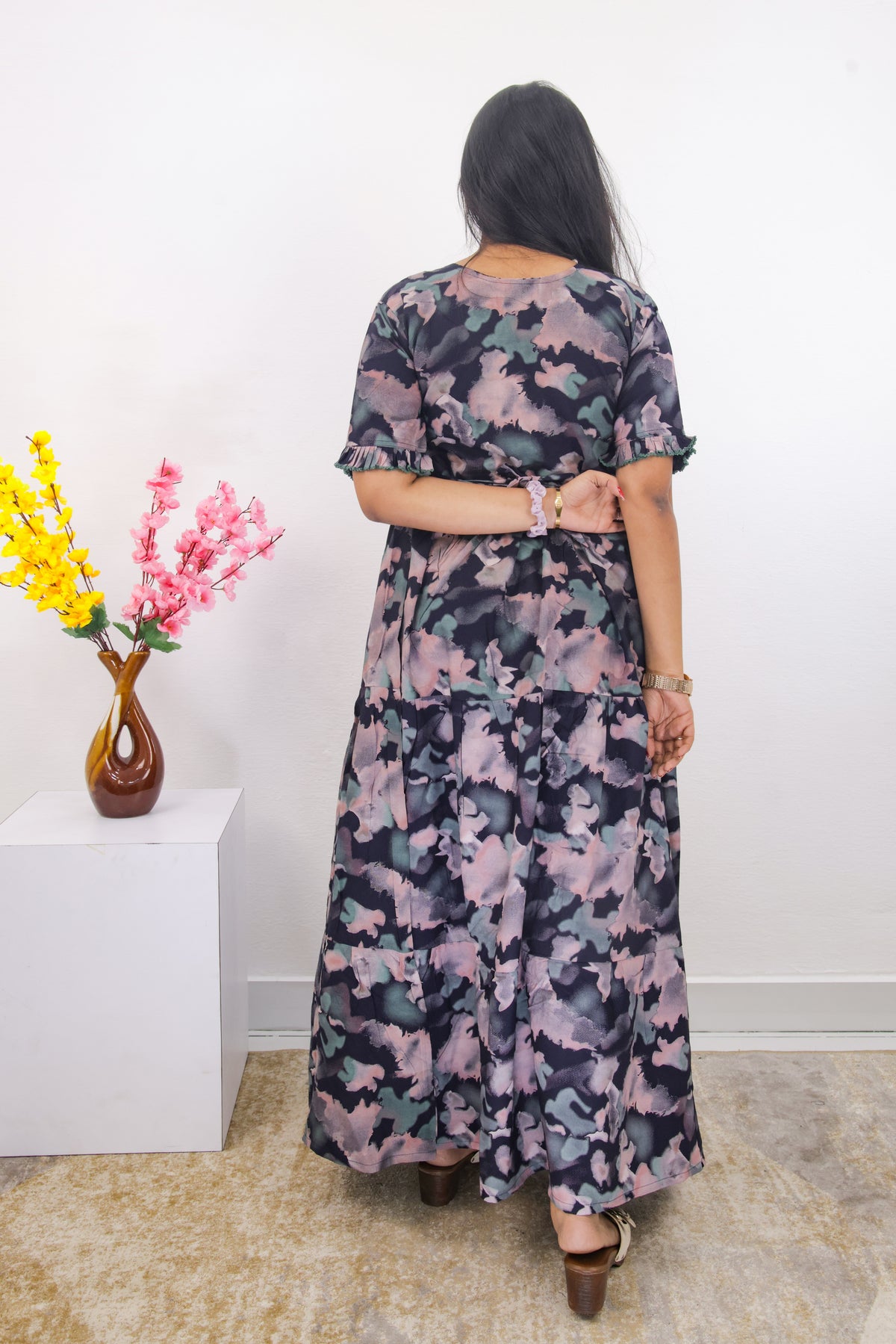 Mangai 3 Layer Frock Model Nighties Soft and Smooth Premium Quality Rayon Material , Fancy Frilled Sleeve, Side Pocket , Back tie Rope , Stylish Collection's for Trendy Women's (MRK)