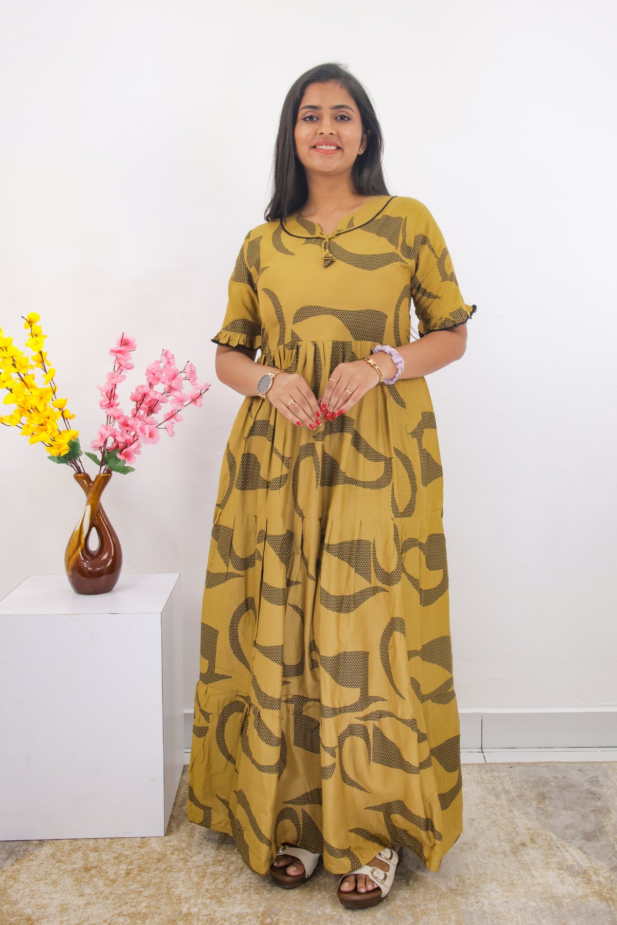 Mangai 3 Layer Frock Model Nighties Soft and Smooth Premium Quality Rayon Material , Fancy Frilled Sleeve, Side Pocket , Back tie Rope , Stylish Collection's for Trendy Women's (MRK)