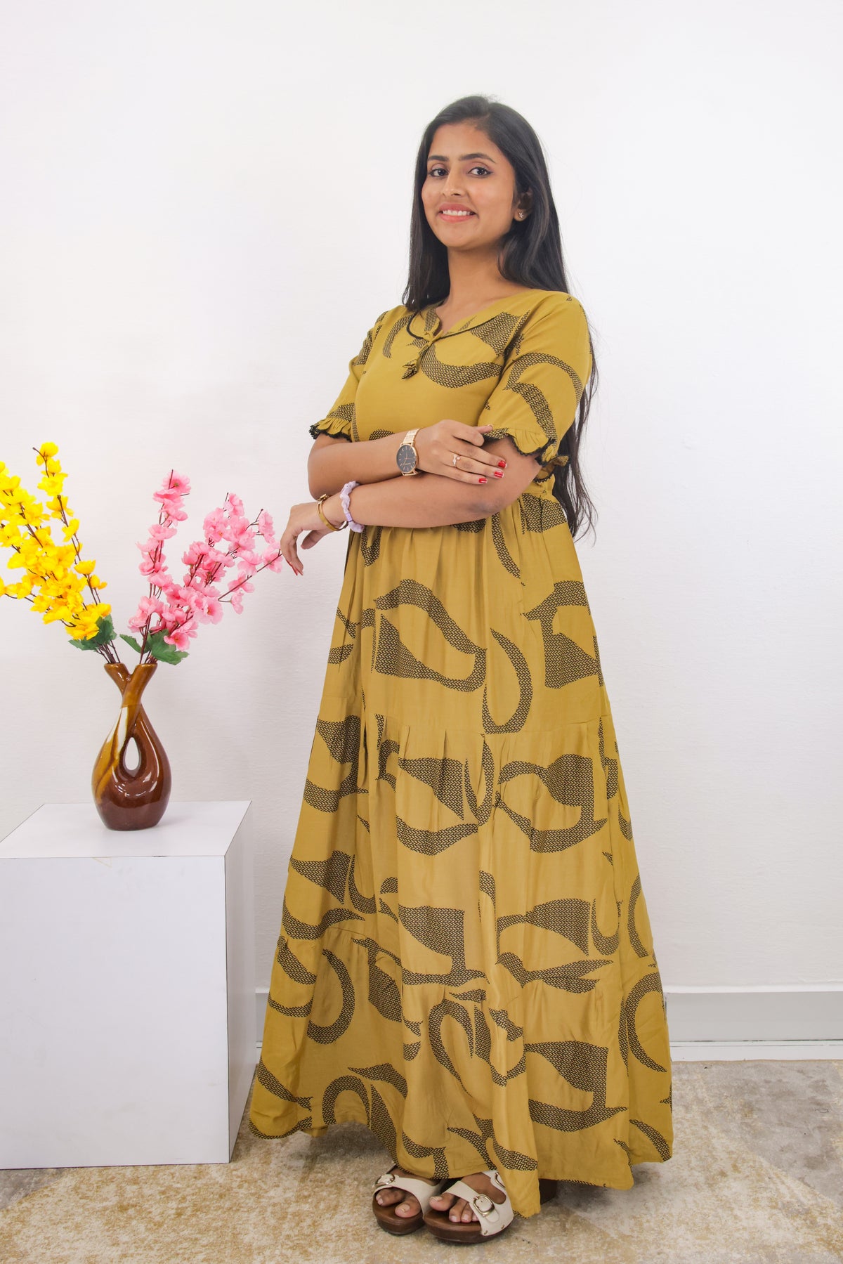 Mangai 3 Layer Frock Model Nighties Soft and Smooth Premium Quality Rayon Material , Fancy Frilled Sleeve, Side Pocket , Back tie Rope , Stylish Collection's for Trendy Women's (MRK)