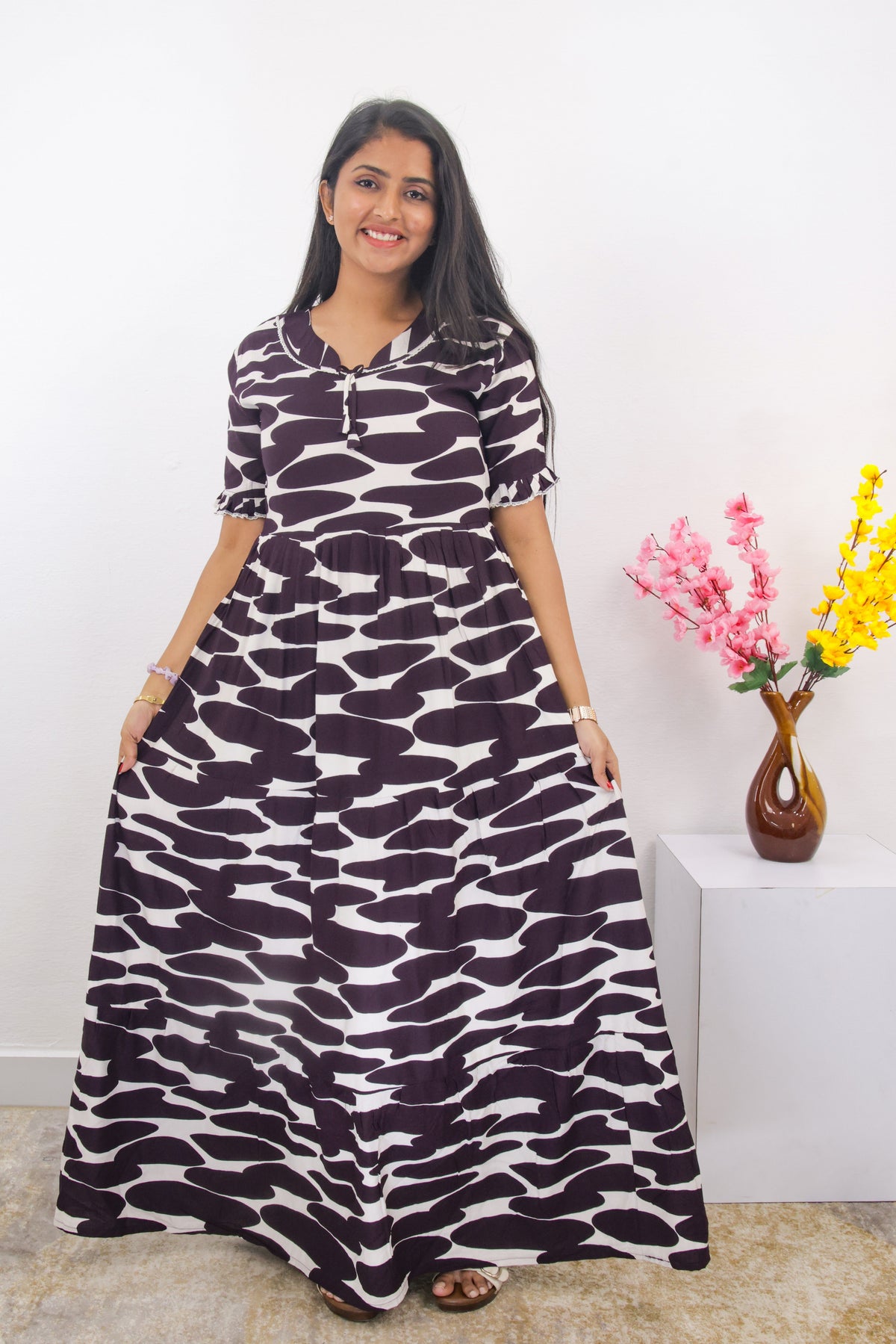 Mangai 3 Layer Frock Model Nighties Soft and Smooth Premium Quality Rayon Material , Fancy Frilled Sleeve, Side Pocket , Back tie Rope , Stylish Collection's for Trendy Women's (MRK)