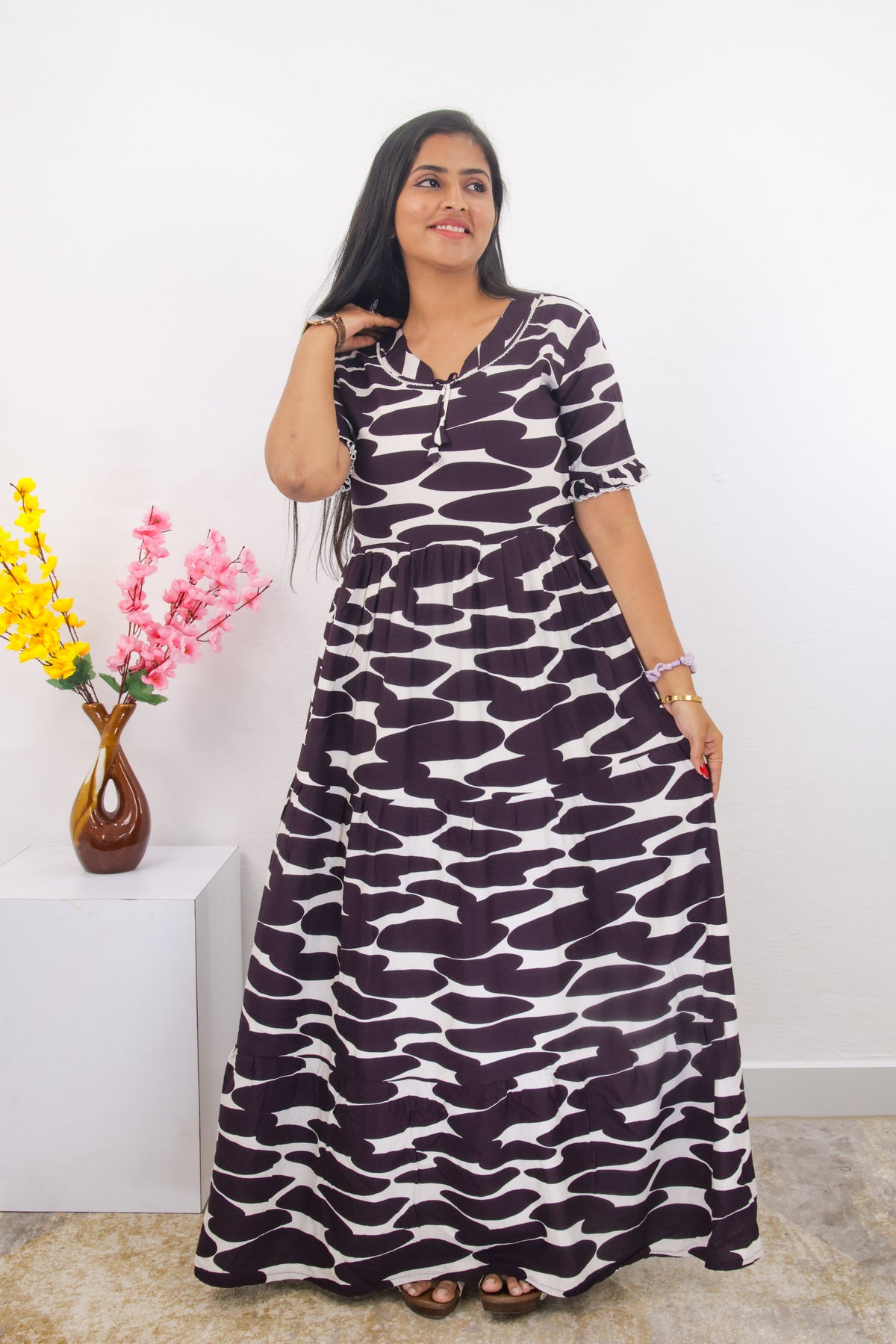 Mangai 3 Layer Frock Model Nighties Soft and Smooth Premium Quality Rayon Material , Fancy Frilled Sleeve, Side Pocket , Back tie Rope , Stylish Collection's for Trendy Women's (MRK)