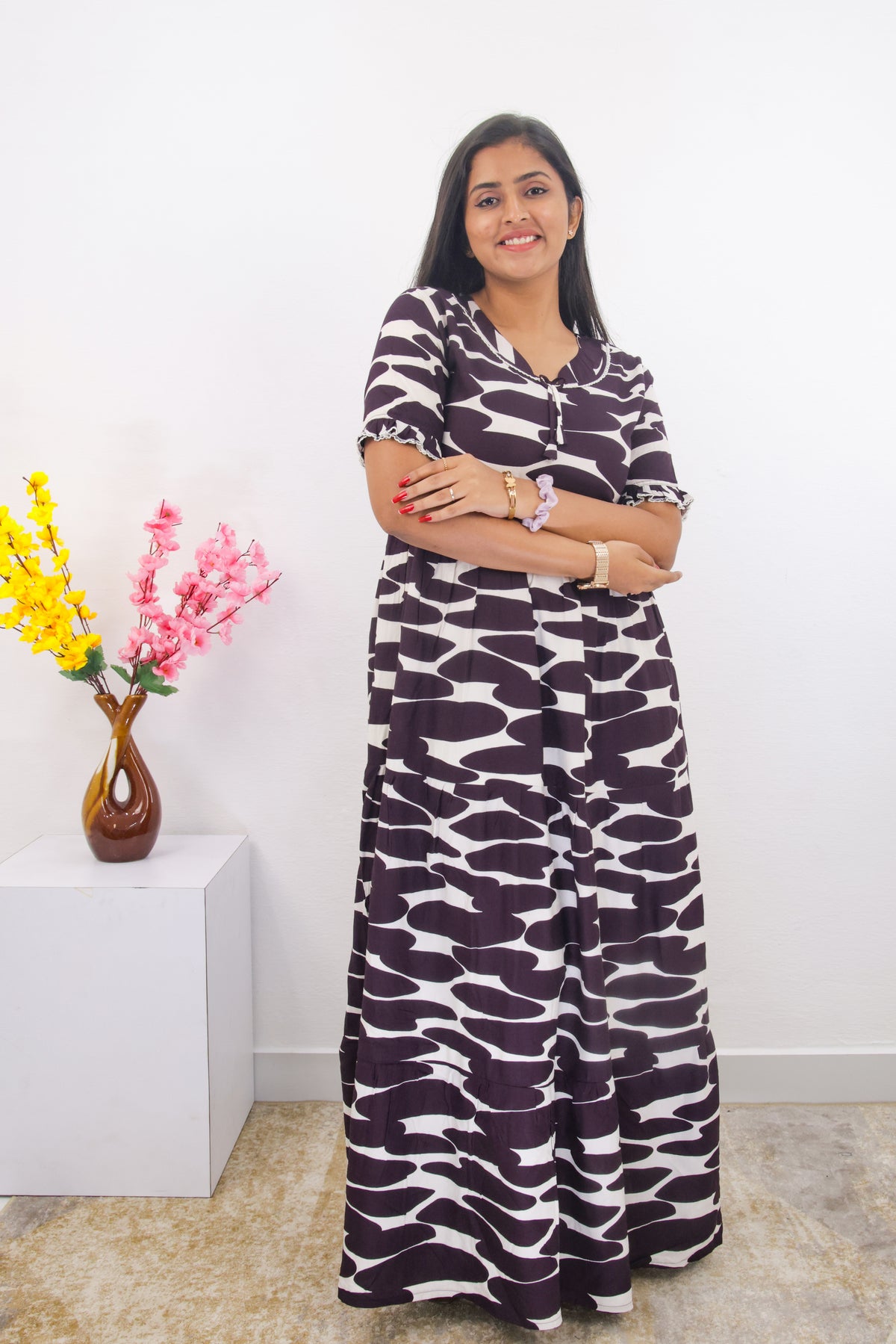 Mangai 3 Layer Frock Model Nighties Soft and Smooth Premium Quality Rayon Material , Fancy Frilled Sleeve, Side Pocket , Back tie Rope , Stylish Collection's for Trendy Women's (MRK)