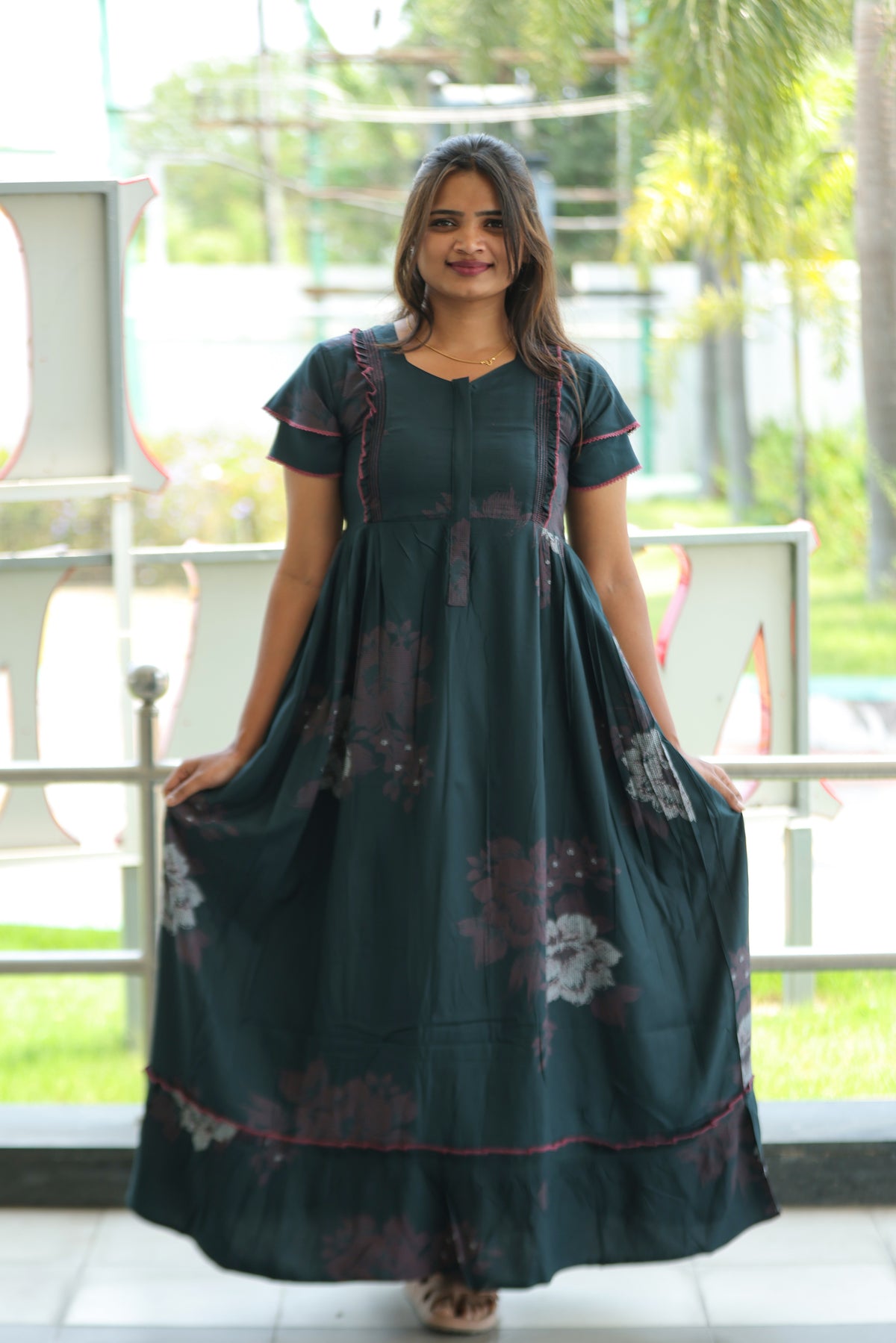 MANGAI Rayon Frock Nighties | Front Open Lengthy Zipper Comforts Feeding | Fancy Double Layered Sleeve's | Post & Pre Pregnancy's and Casual Wear | Side Pocket |Versatile Rayon Frock Night Gown's for Stylish Women's (RFF)