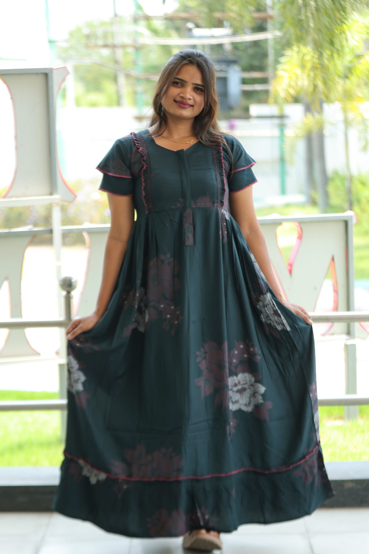 MANGAI Rayon Frock Nighties | Front Open Lengthy Zipper Comforts Feeding | Fancy Double Layered Sleeve's | Post & Pre Pregnancy's and Casual Wear | Side Pocket |Versatile Rayon Frock Night Gown's for Stylish Women's (RFF)
