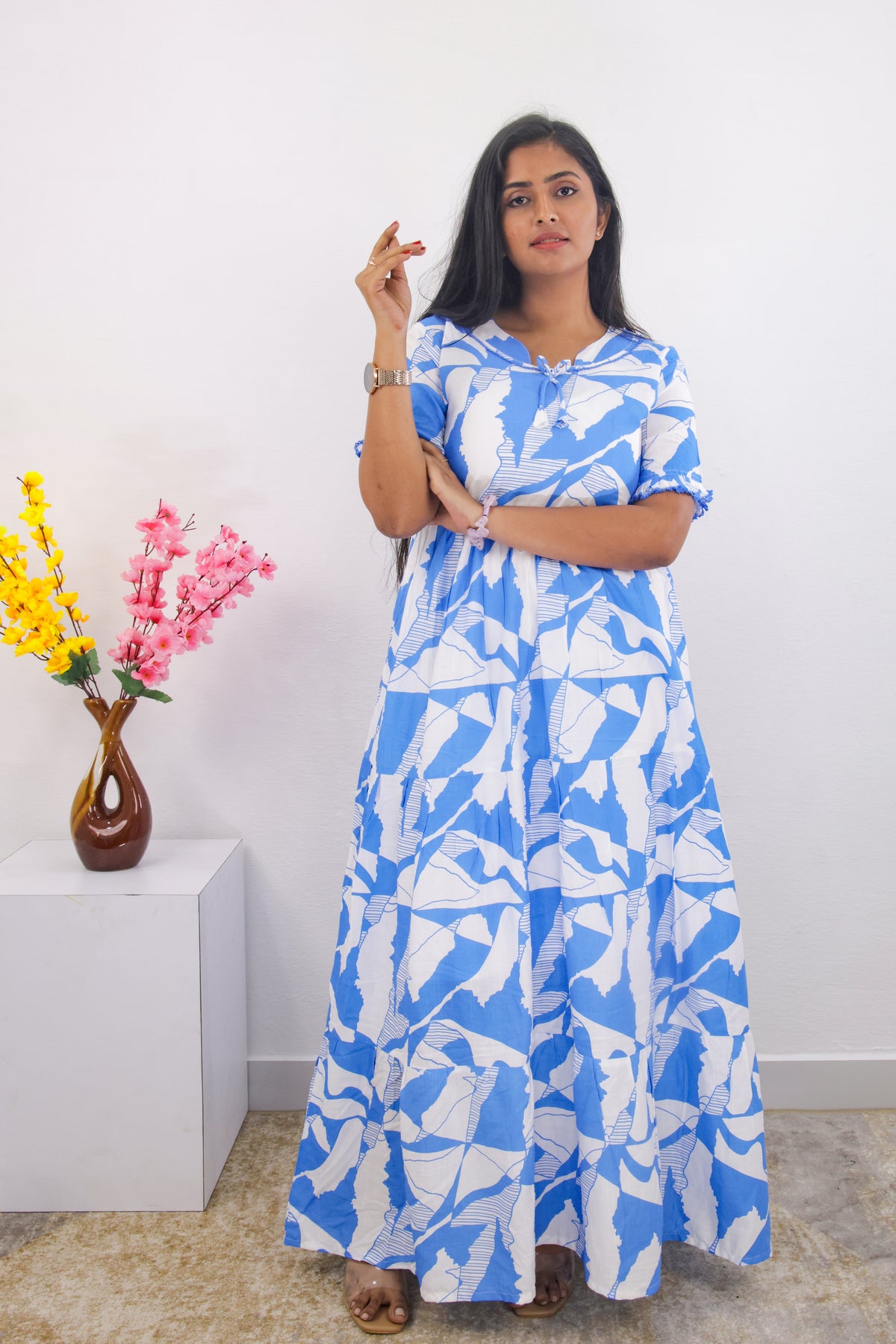 Mangai 3 Layer Frock Model Nighties Soft and Smooth Premium Quality Rayon Material , Fancy Frilled Sleeve, Side Pocket , Back tie Rope , Stylish Collection's for Trendy Women's (MRK)