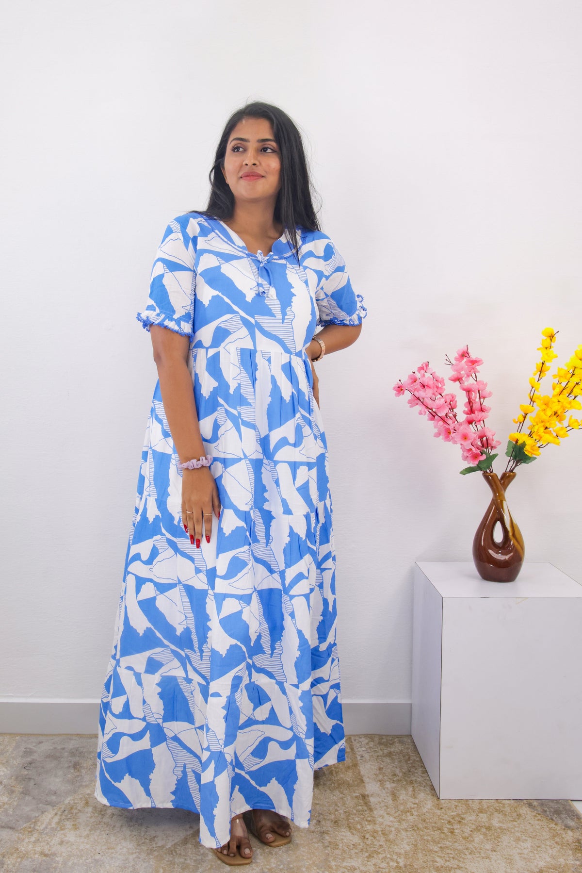 Mangai 3 Layer Frock Model Nighties Soft and Smooth Premium Quality Rayon Material , Fancy Frilled Sleeve, Side Pocket , Back tie Rope , Stylish Collection's for Trendy Women's (MRK)