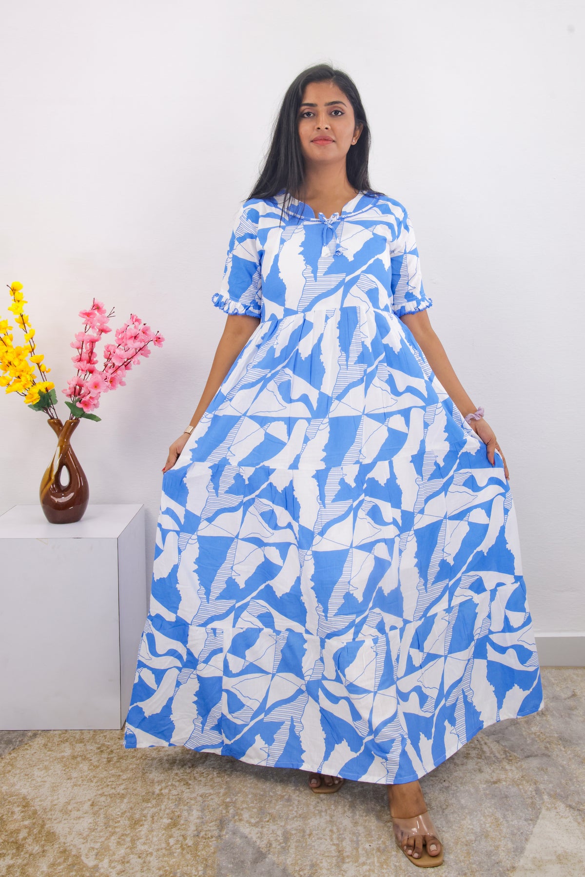 Mangai 3 Layer Frock Model Nighties Soft and Smooth Premium Quality Rayon Material , Fancy Frilled Sleeve, Side Pocket , Back tie Rope , Stylish Collection's for Trendy Women's (MRK)