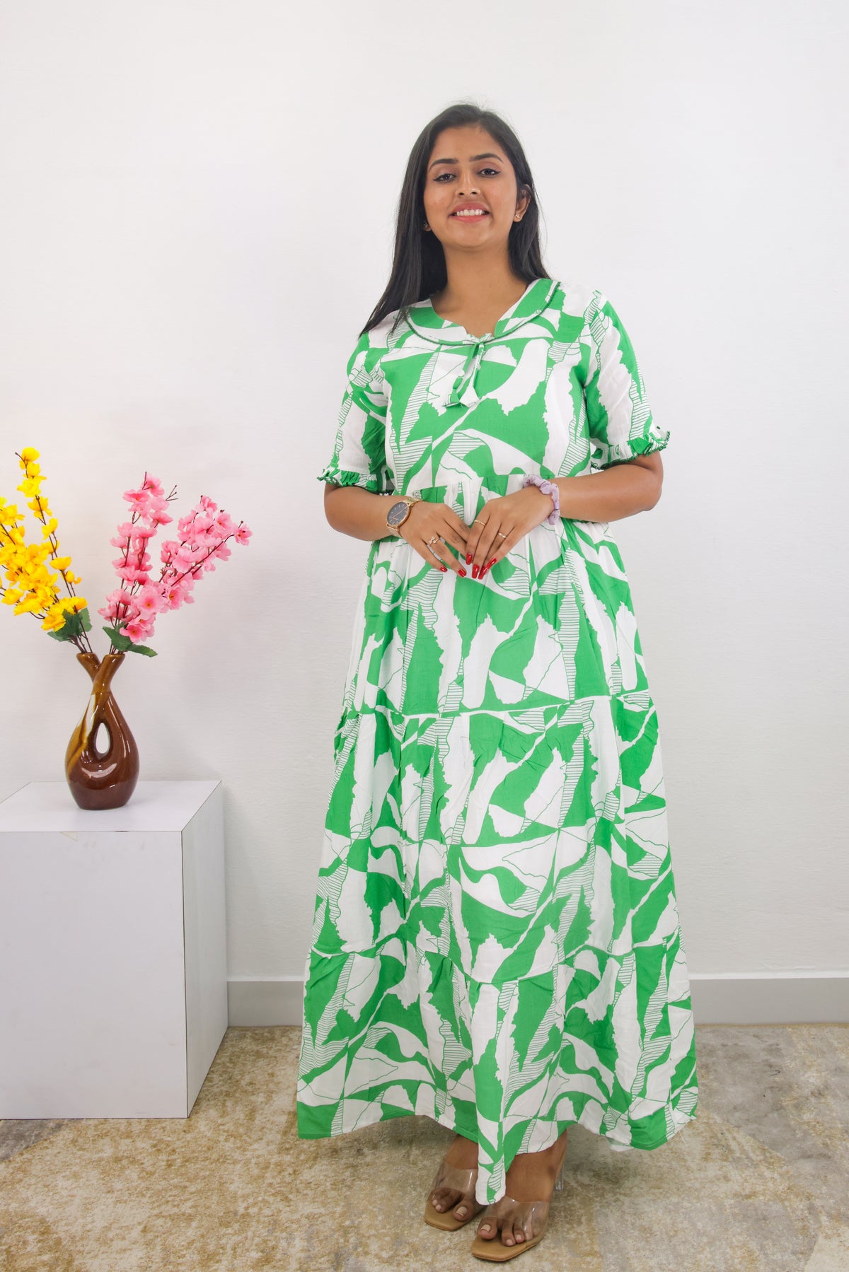 Mangai 3 Layer Frock Model Nighties Soft and Smooth Premium Quality Rayon Material , Fancy Frilled Sleeve, Side Pocket , Back tie Rope , Stylish Collection's for Trendy Women's (MRK)