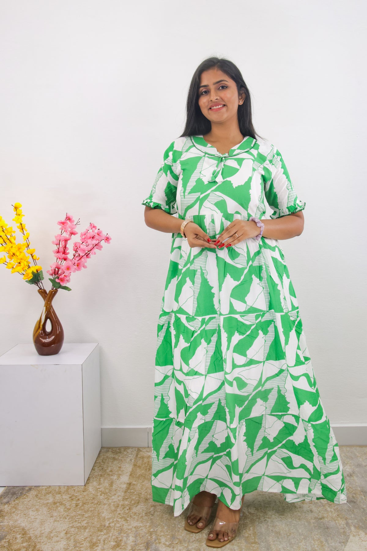 Mangai 3 Layer Frock Model Nighties Soft and Smooth Premium Quality Rayon Material , Fancy Frilled Sleeve, Side Pocket , Back tie Rope , Stylish Collection's for Trendy Women's (MRK)