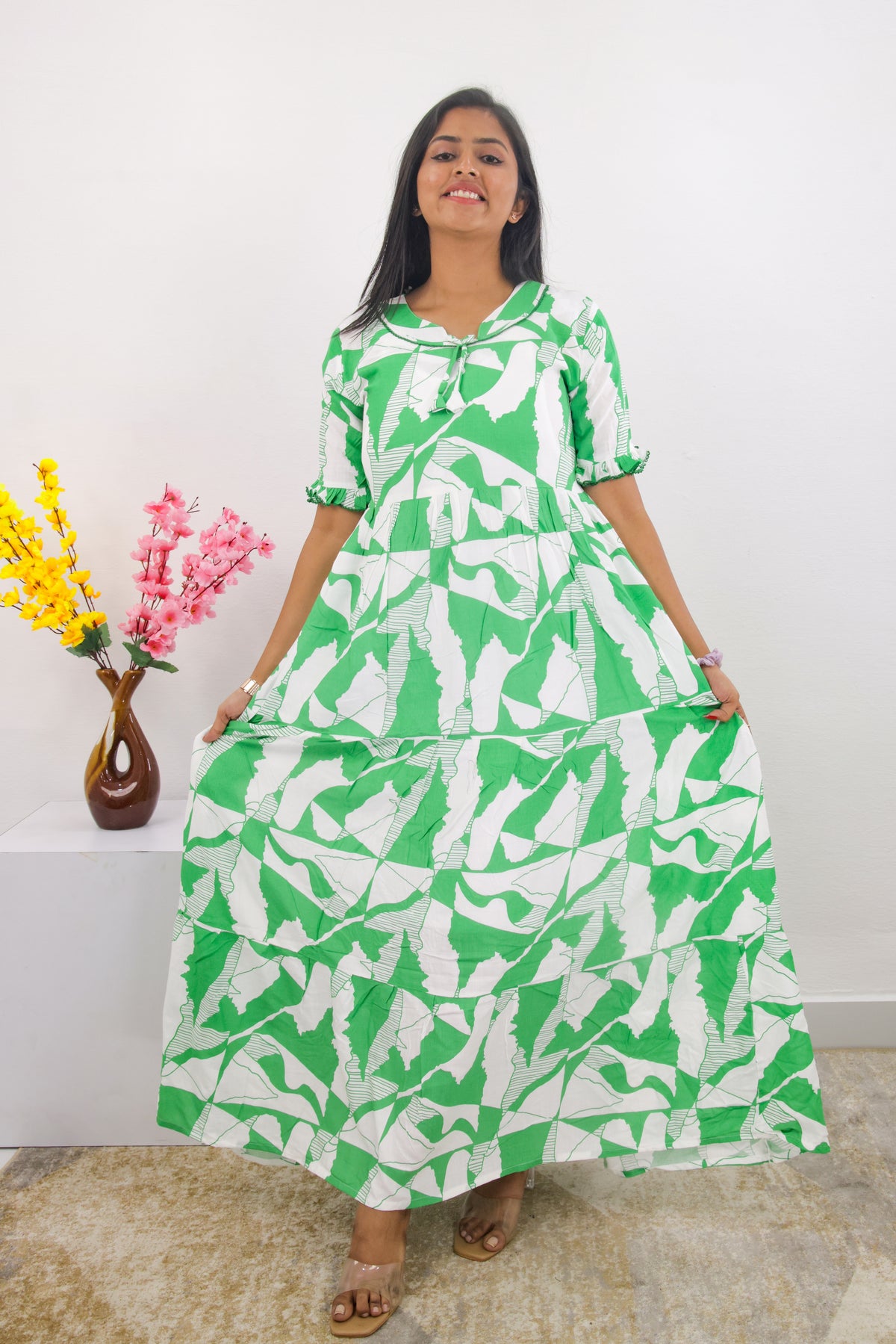 Mangai 3 Layer Frock Model Nighties Soft and Smooth Premium Quality Rayon Material , Fancy Frilled Sleeve, Side Pocket , Back tie Rope , Stylish Collection's for Trendy Women's (MRK)