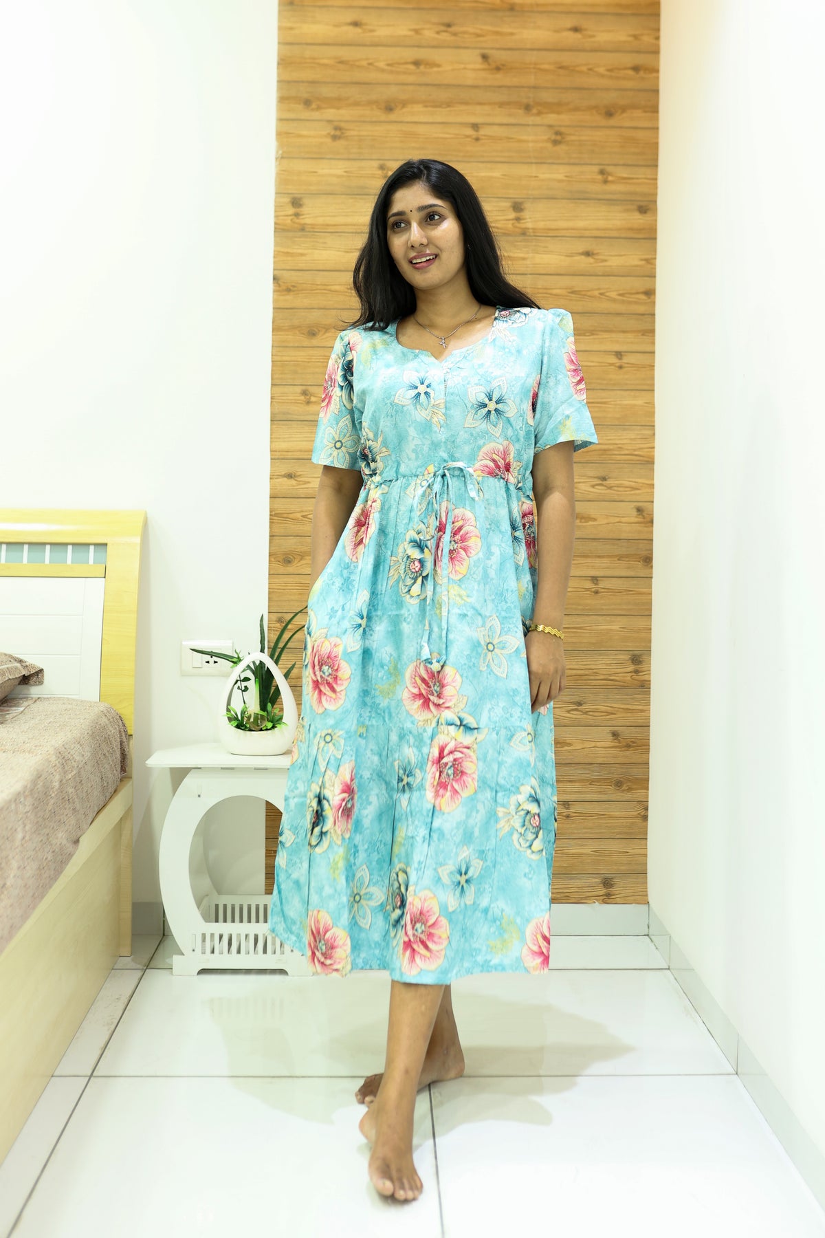 Rayon Colourful Foil Printing Gathering Frock Model Nighties | Side Pocket and Gathering Front Rope | Fancy Puff Sleeve & Maxi Frock Nightwear for Stylish Women's (FGF)