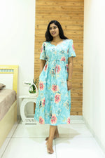 Rayon Colourful Foil Printing Gathering Frock Model Nighties | Side Pocket and Gathering Front Rope | Fancy Puff Sleeve & Maxi Frock Nightwear for Stylish Women's (FGF)