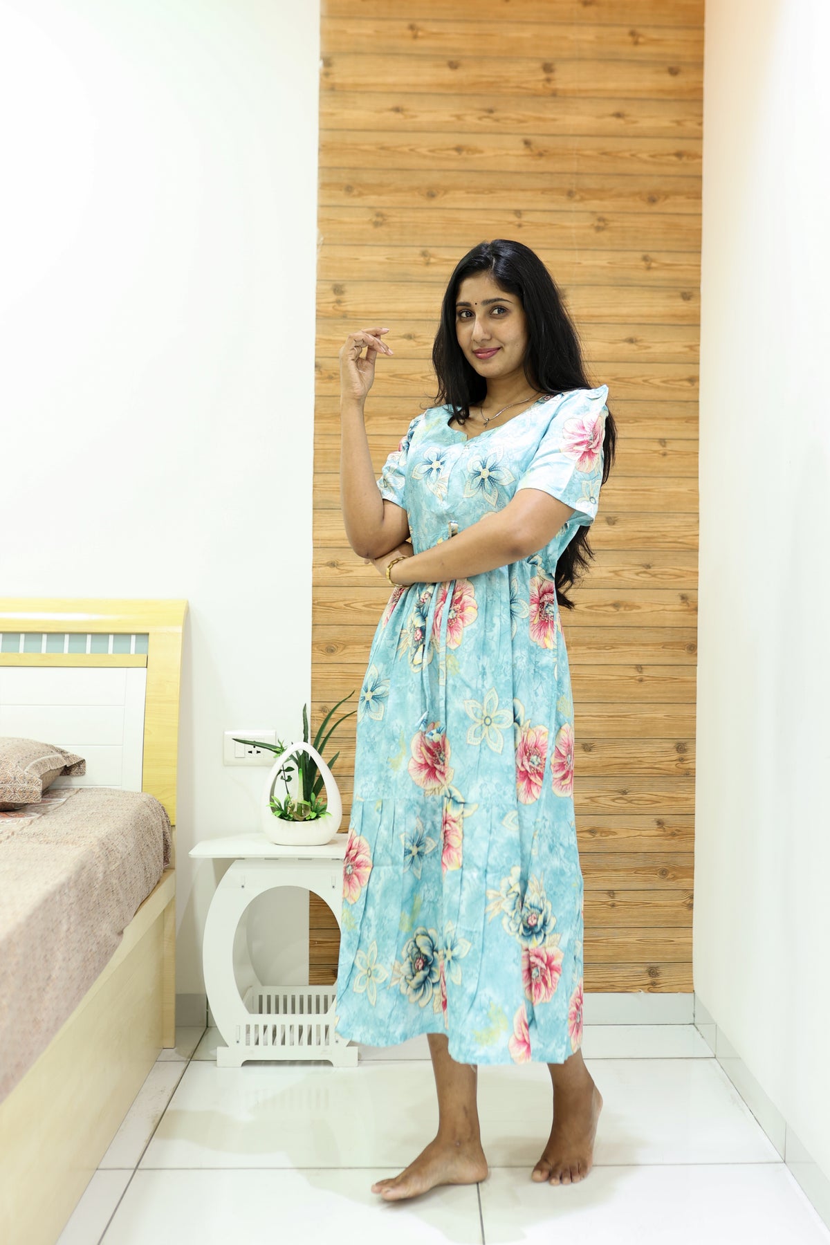 Rayon Colourful Foil Printing Gathering Frock Model Nighties | Side Pocket and Gathering Front Rope | Fancy Puff Sleeve & Maxi Frock Nightwear for Stylish Women's (FGF)