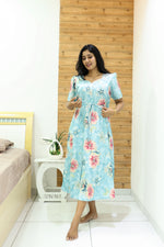 Rayon Colourful Foil Printing Gathering Frock Model Nighties | Side Pocket and Gathering Front Rope | Fancy Puff Sleeve & Maxi Frock Nightwear for Stylish Women's (FGF)