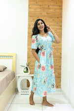 Rayon Colourful Foil Printing Gathering Frock Model Nighties | Side Pocket and Gathering Front Rope | Fancy Puff Sleeve & Maxi Frock Nightwear for Stylish Women's (FGF)