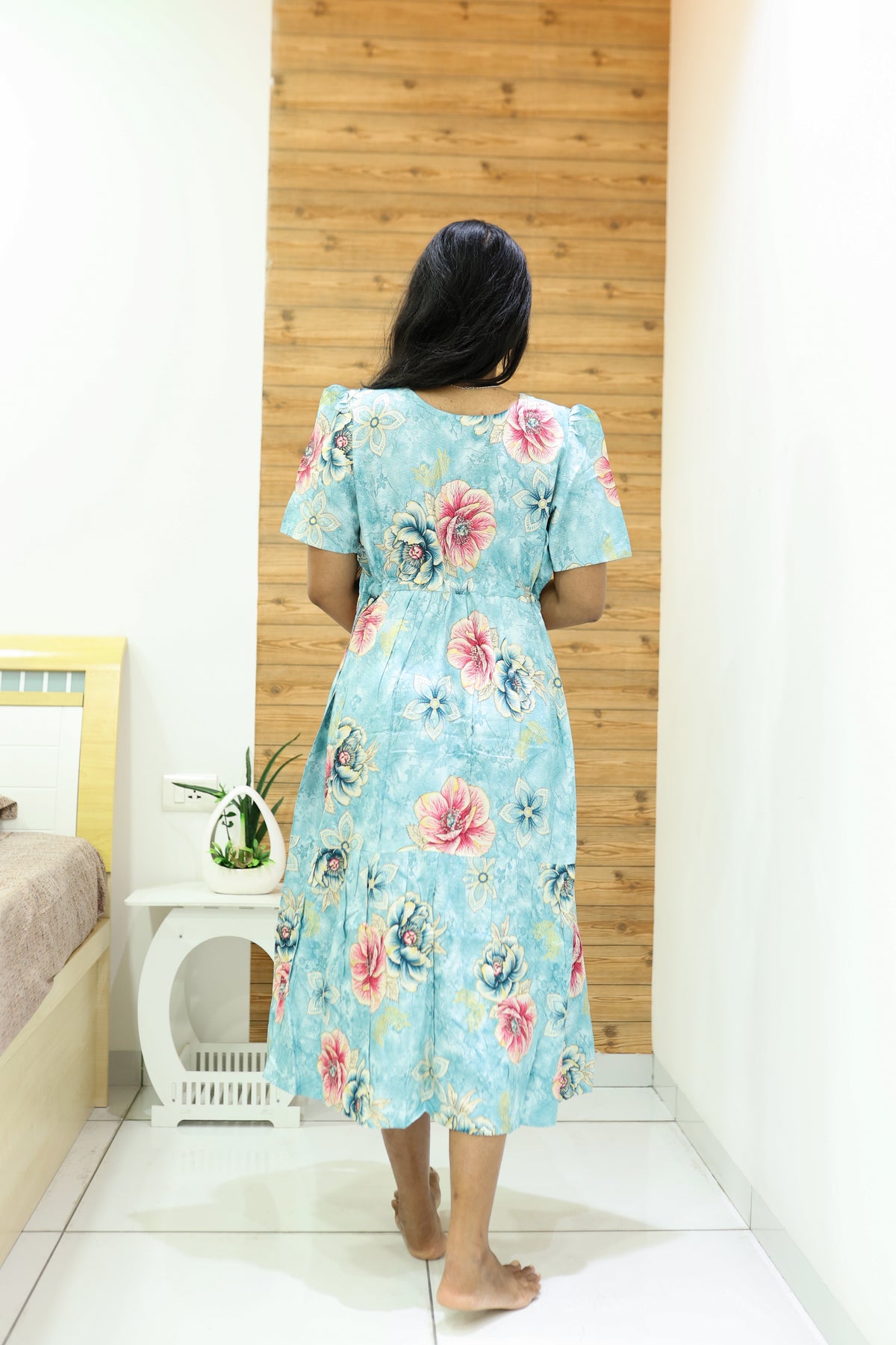 Rayon Colourful Foil Printing Gathering Frock Model Nighties | Side Pocket and Gathering Front Rope | Fancy Puff Sleeve & Maxi Frock Nightwear for Stylish Women's (FGF)