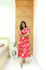 Rayon Colourful Foil Printing Gathering Frock Model Nighties | Side Pocket and Gathering Front Rope | Fancy Puff Sleeve & Maxi Frock Nightwear for Stylish Women's (FGF)