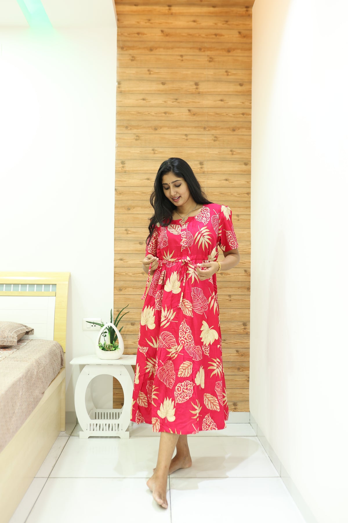 Rayon Colourful Foil Printing Gathering Frock Model Nighties | Side Pocket and Gathering Front Rope | Fancy Puff Sleeve & Maxi Frock Nightwear for Stylish Women's (FGF)