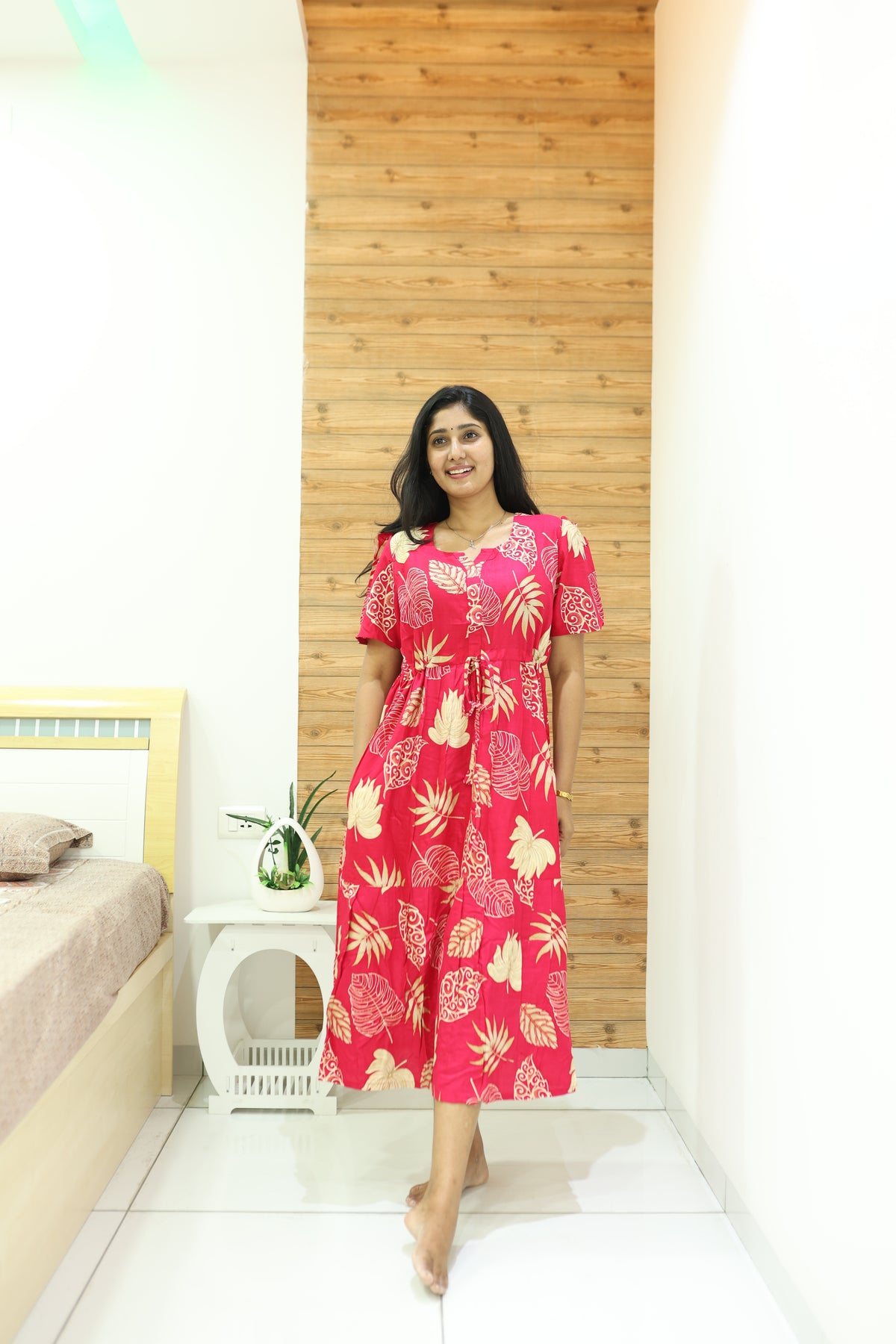 Rayon Colourful Foil Printing Gathering Frock Model Nighties | Side Pocket and Gathering Front Rope | Fancy Puff Sleeve & Maxi Frock Nightwear for Stylish Women's (FGF)