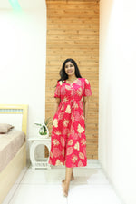 Rayon Colourful Foil Printing Gathering Frock Model Nighties | Side Pocket and Gathering Front Rope | Fancy Puff Sleeve & Maxi Frock Nightwear for Stylish Women's (FGF)