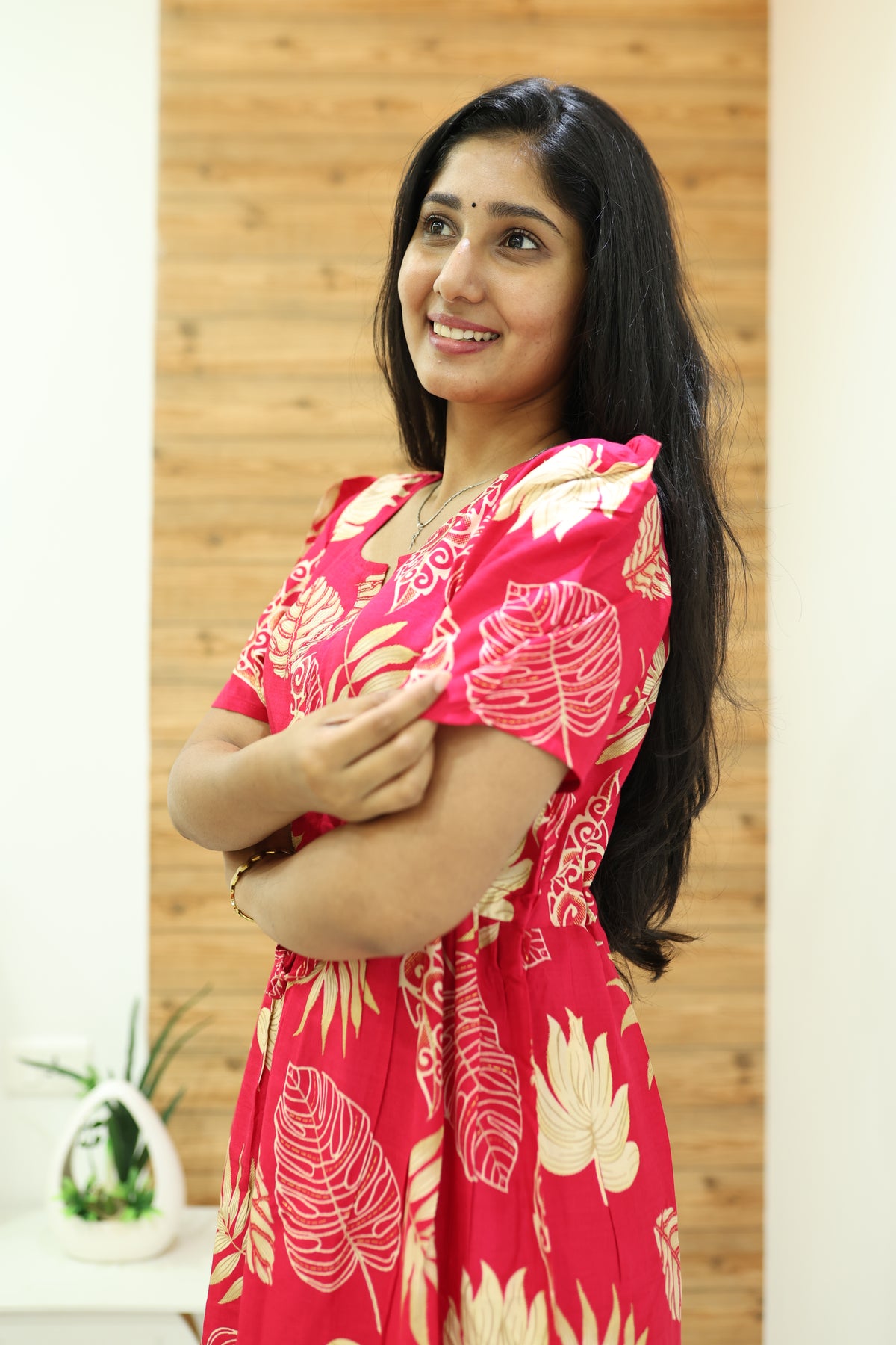 Rayon Colourful Foil Printing Gathering Frock Model Nighties | Side Pocket and Gathering Front Rope | Fancy Puff Sleeve & Maxi Frock Nightwear for Stylish Women's (FGF)