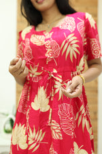 Rayon Colourful Foil Printing Gathering Frock Model Nighties | Side Pocket and Gathering Front Rope | Fancy Puff Sleeve & Maxi Frock Nightwear for Stylish Women's (FGF)