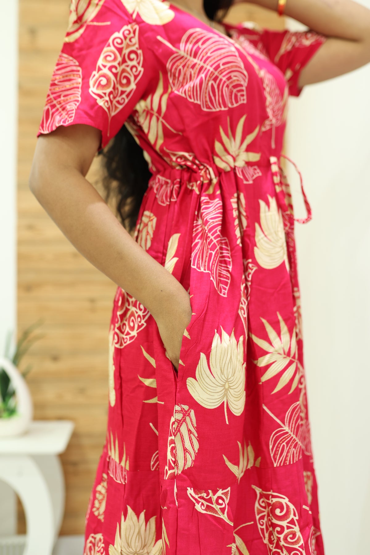 Rayon Colourful Foil Printing Gathering Frock Model Nighties | Side Pocket and Gathering Front Rope | Fancy Puff Sleeve & Maxi Frock Nightwear for Stylish Women's (FGF)