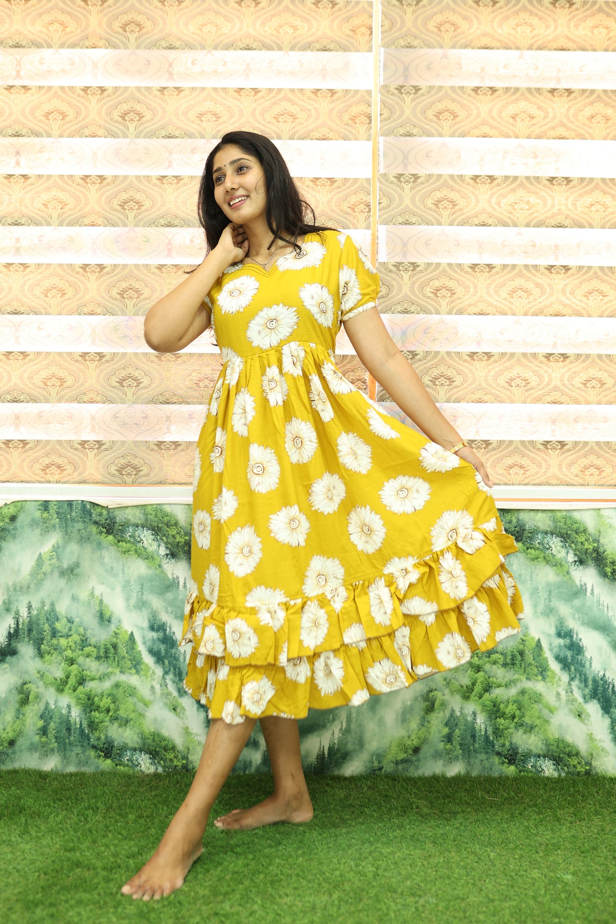 MANGAI Elegant Rayon MAXI Frock | Designer Neck | Half Sleeve | Flared Frill Bottom | Soft & Comfortable Daily Wear (RGM)